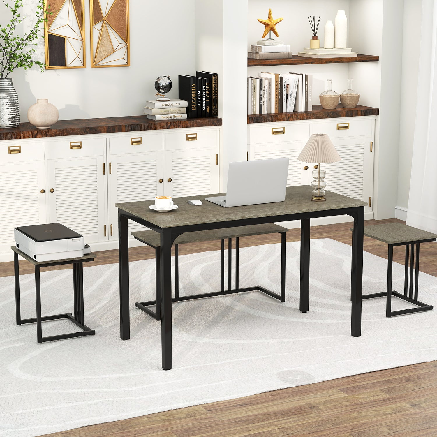 4 Pieces Industrial Dining Table Set with Bench and 2 Stools