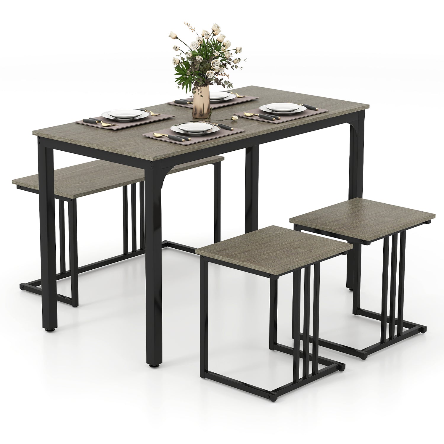 4 Pieces Industrial Dining Table Set with Bench and 2 Stools