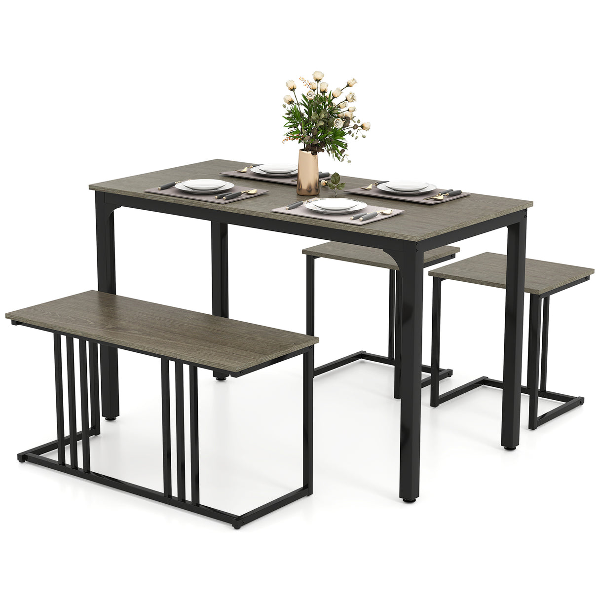 4 Pieces Industrial Dining Table Set with Bench and 2 Stools