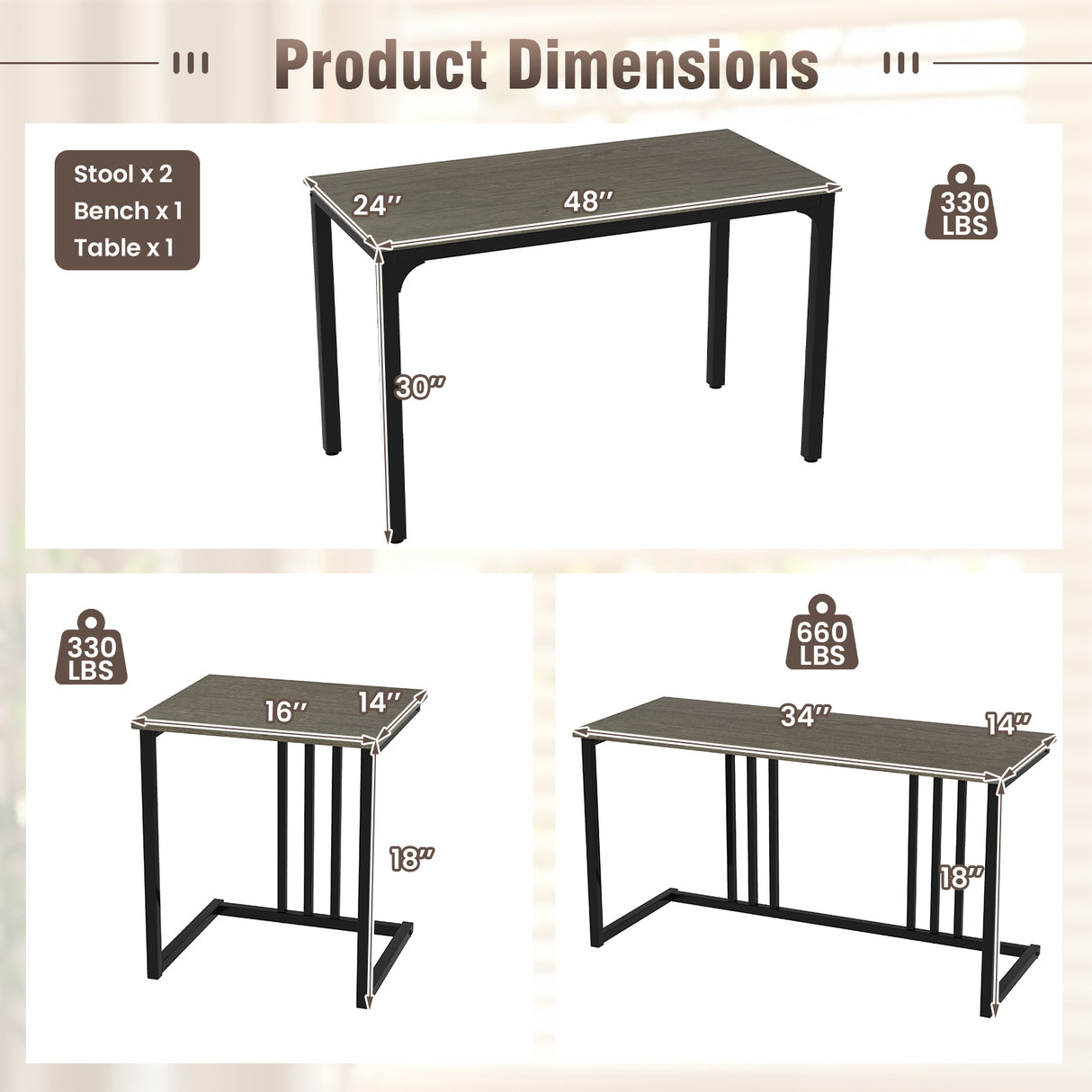 4 Pieces Industrial Dining Table Set with Bench and 2 Stools