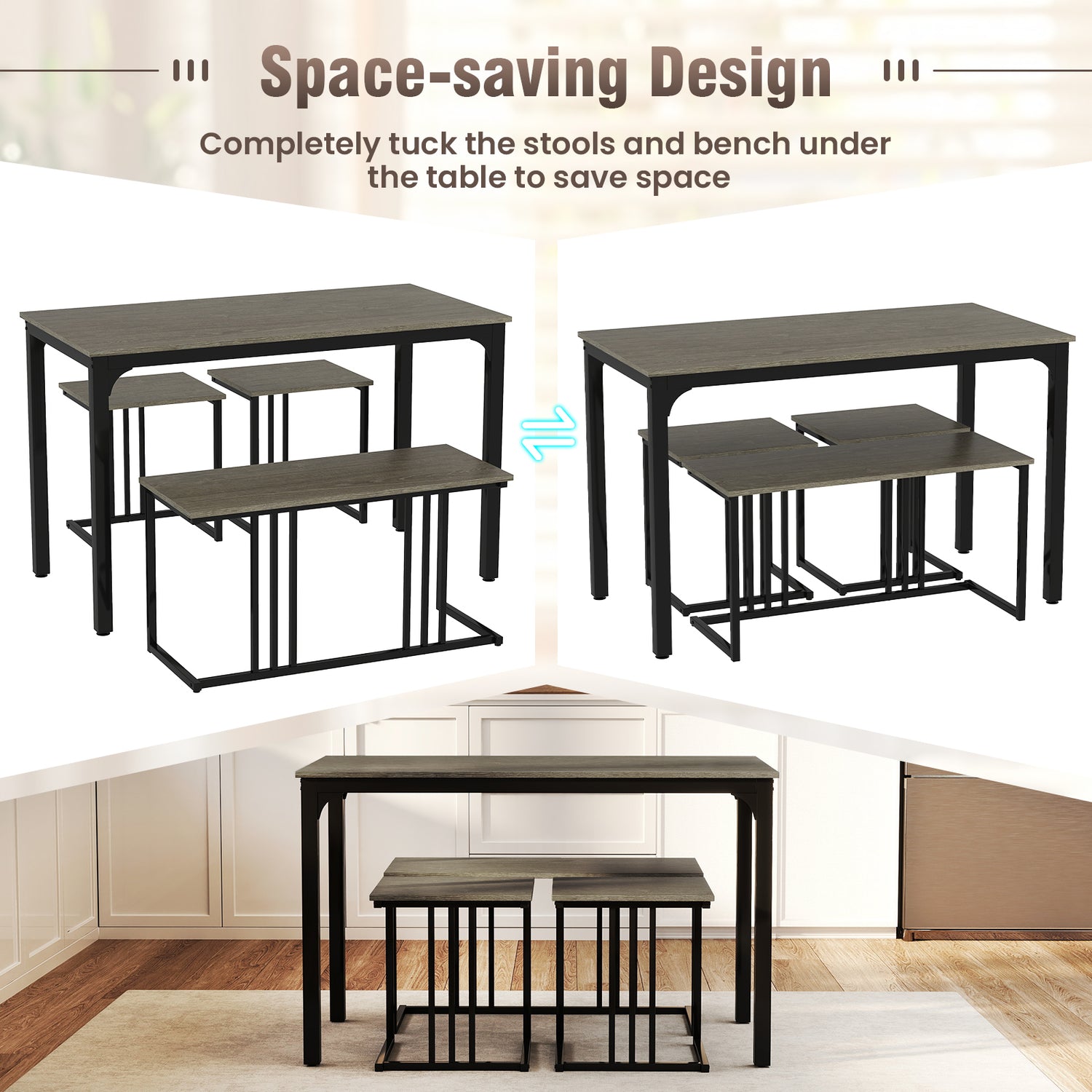 4 Pieces Industrial Dining Table Set with Bench and 2 Stools