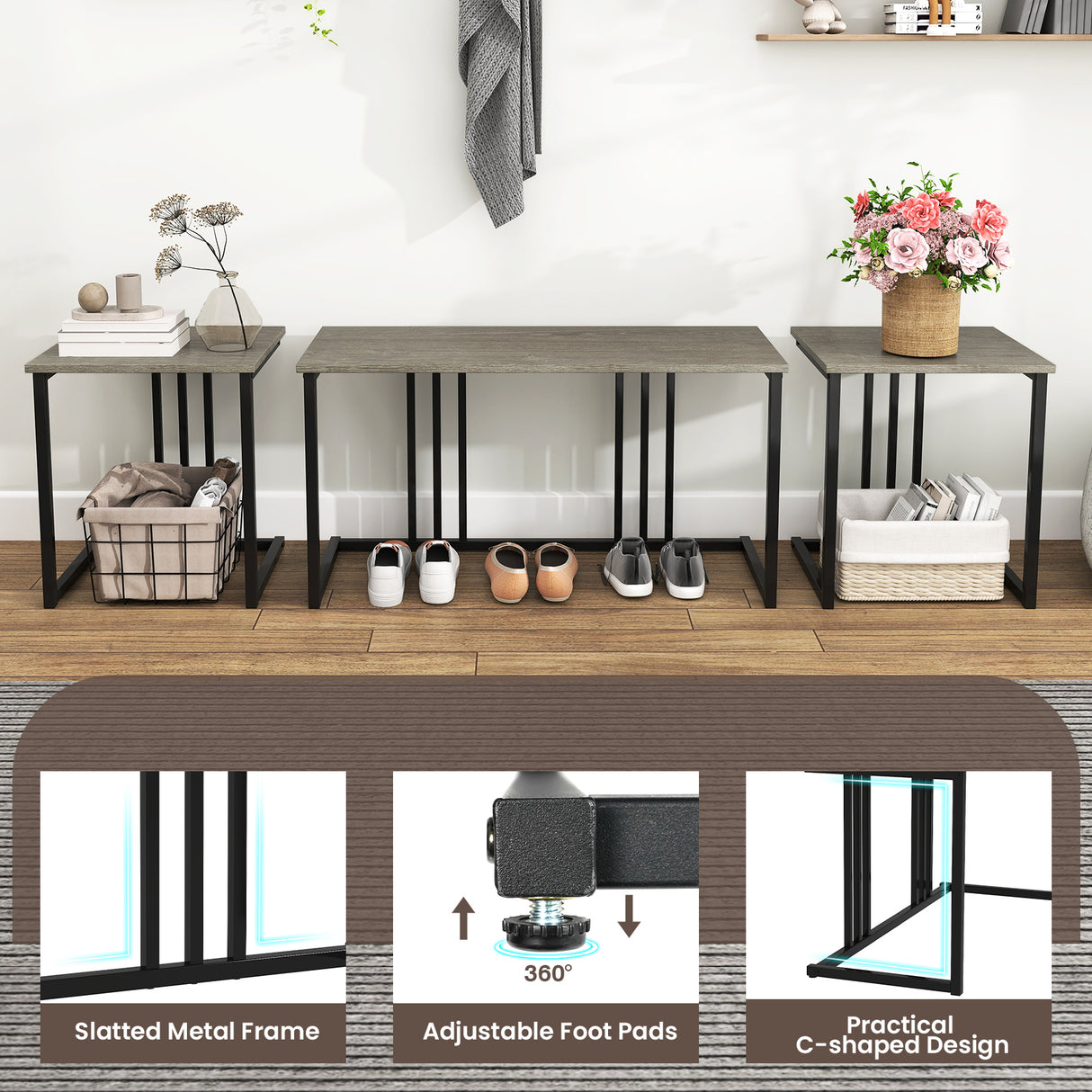 4 Pieces Industrial Dining Table Set with Bench and 2 Stools
