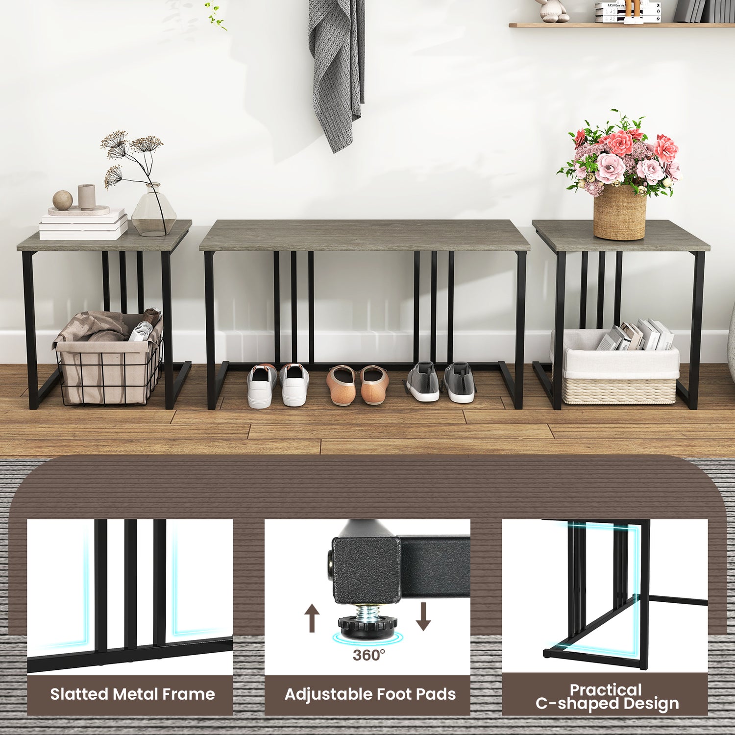 4 Pieces Industrial Dining Table Set with Bench and 2 Stools