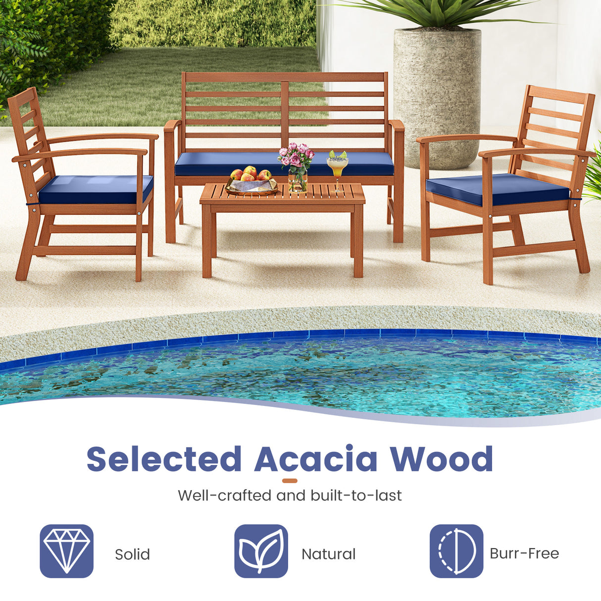 4 Pieces Outdoor Furniture Set with Stable Acacia Wood Frame