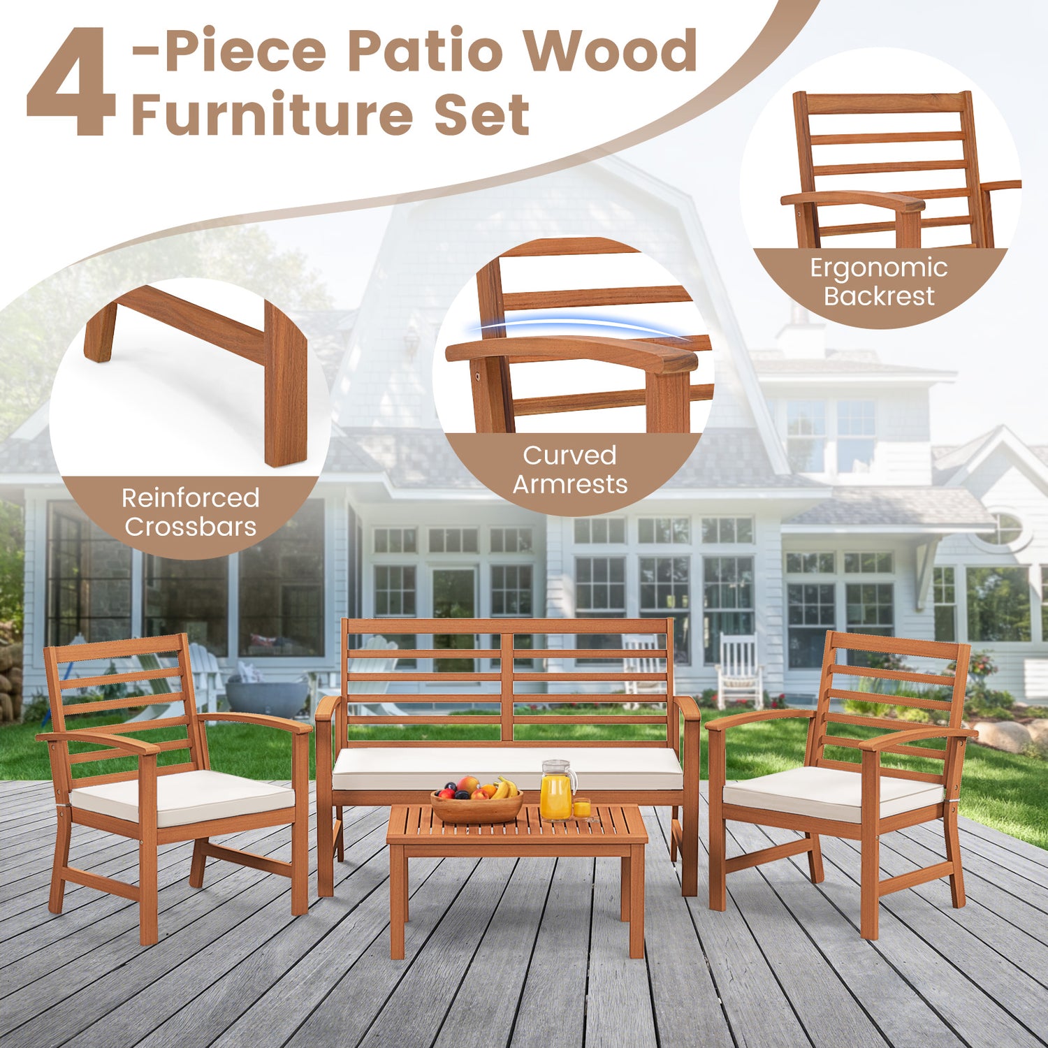 4 Pieces Outdoor Furniture Set with Stable Acacia Wood Frame