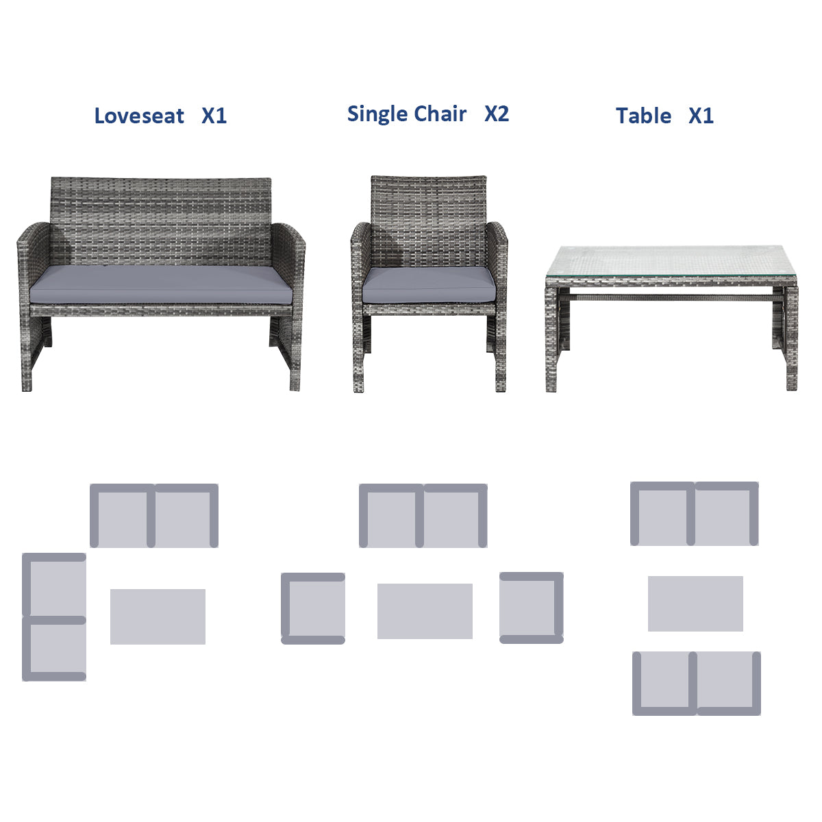 4 Pcs Patio Rattan Furniture Set Top Sofa With Glass Table