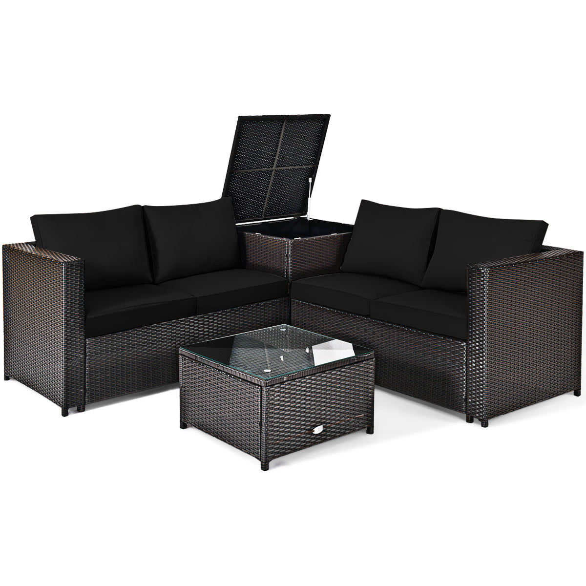 4 Pieces Outdoor Patio Rattan Furniture Set with Cushioned Loveseat and Storage Box