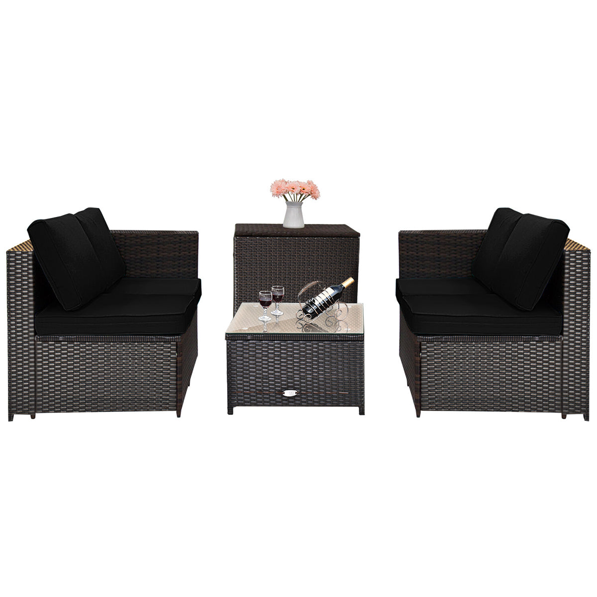 4 Pieces Outdoor Patio Rattan Furniture Set with Cushioned Loveseat and Storage Box