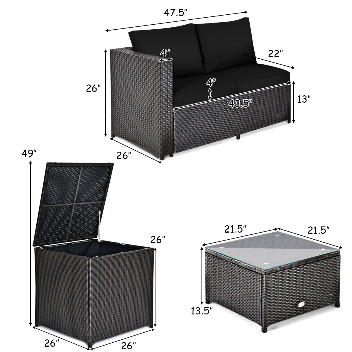 4 Pieces Outdoor Patio Rattan Furniture Set with Cushioned Loveseat and Storage Box