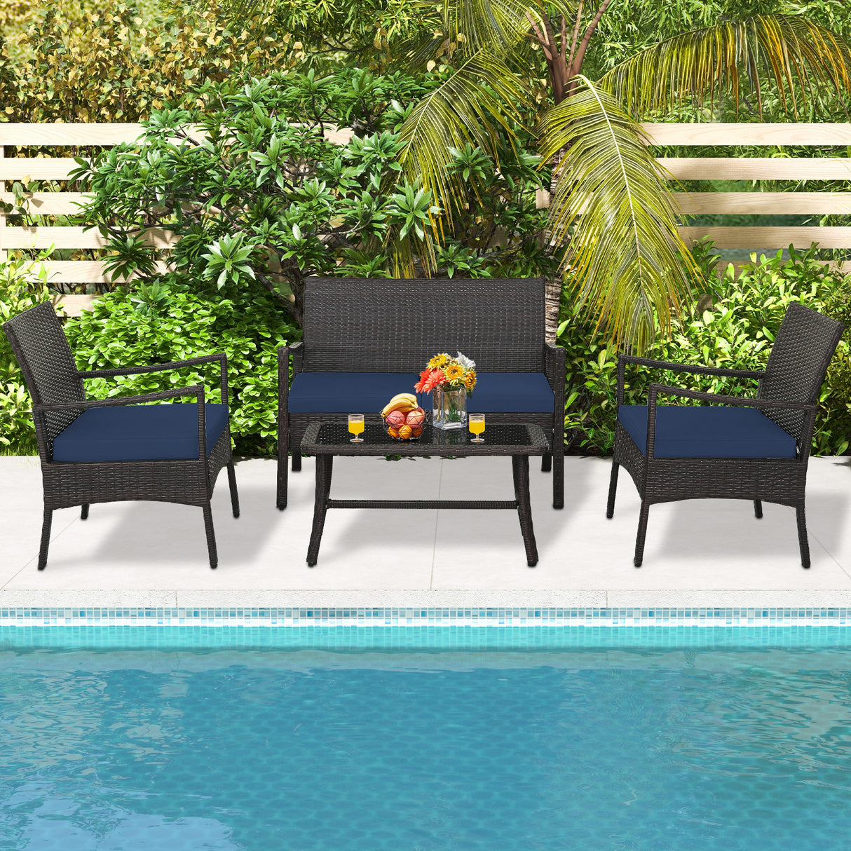 4 Pieces Rattan Conversation Set with Tempered Glass Coffee Table