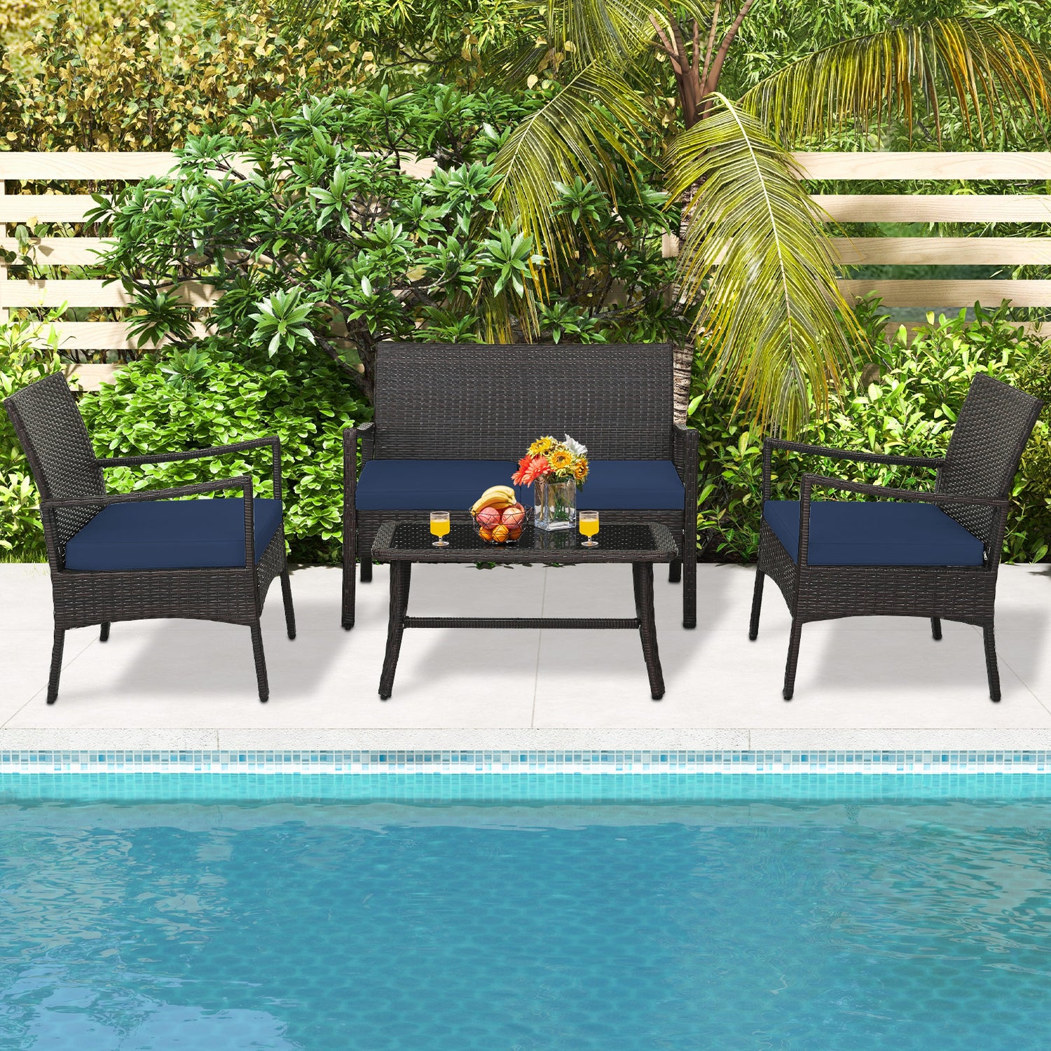4 Pieces Rattan Conversation Set with Tempered Glass Coffee Table