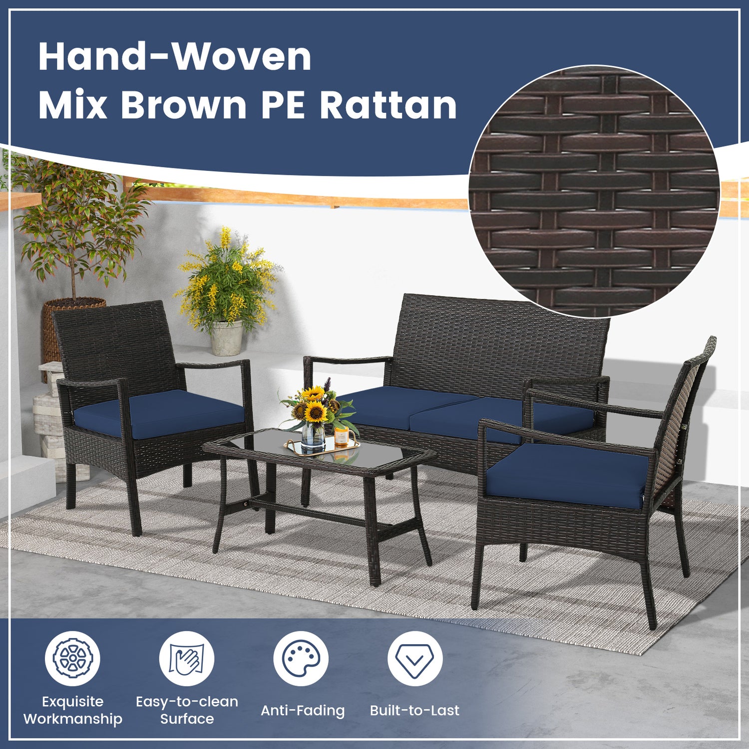 4 Pieces Rattan Conversation Set with Tempered Glass Coffee Table