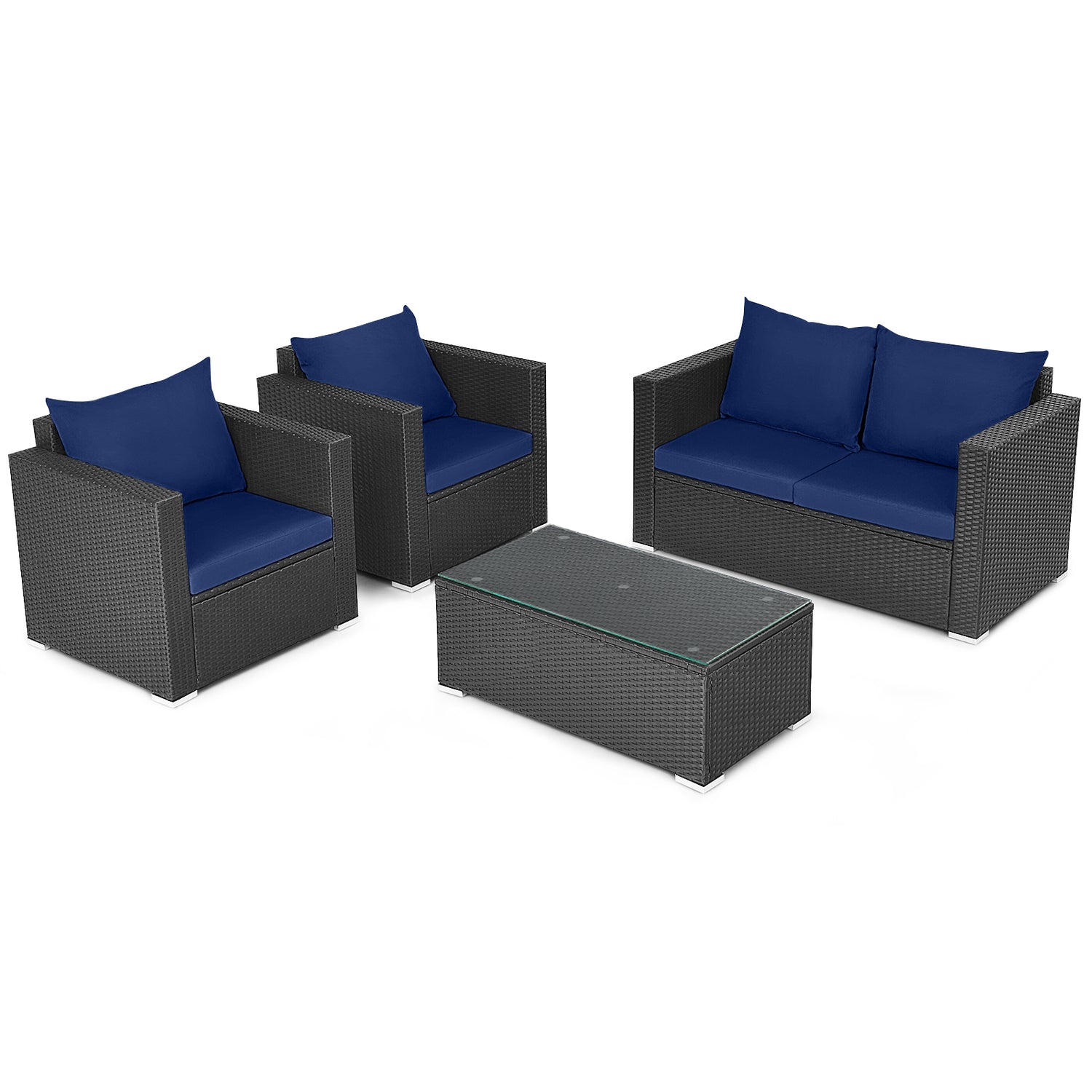 4 Pieces Patio Rattan Conversation Set with Cushions and Coffee Table
