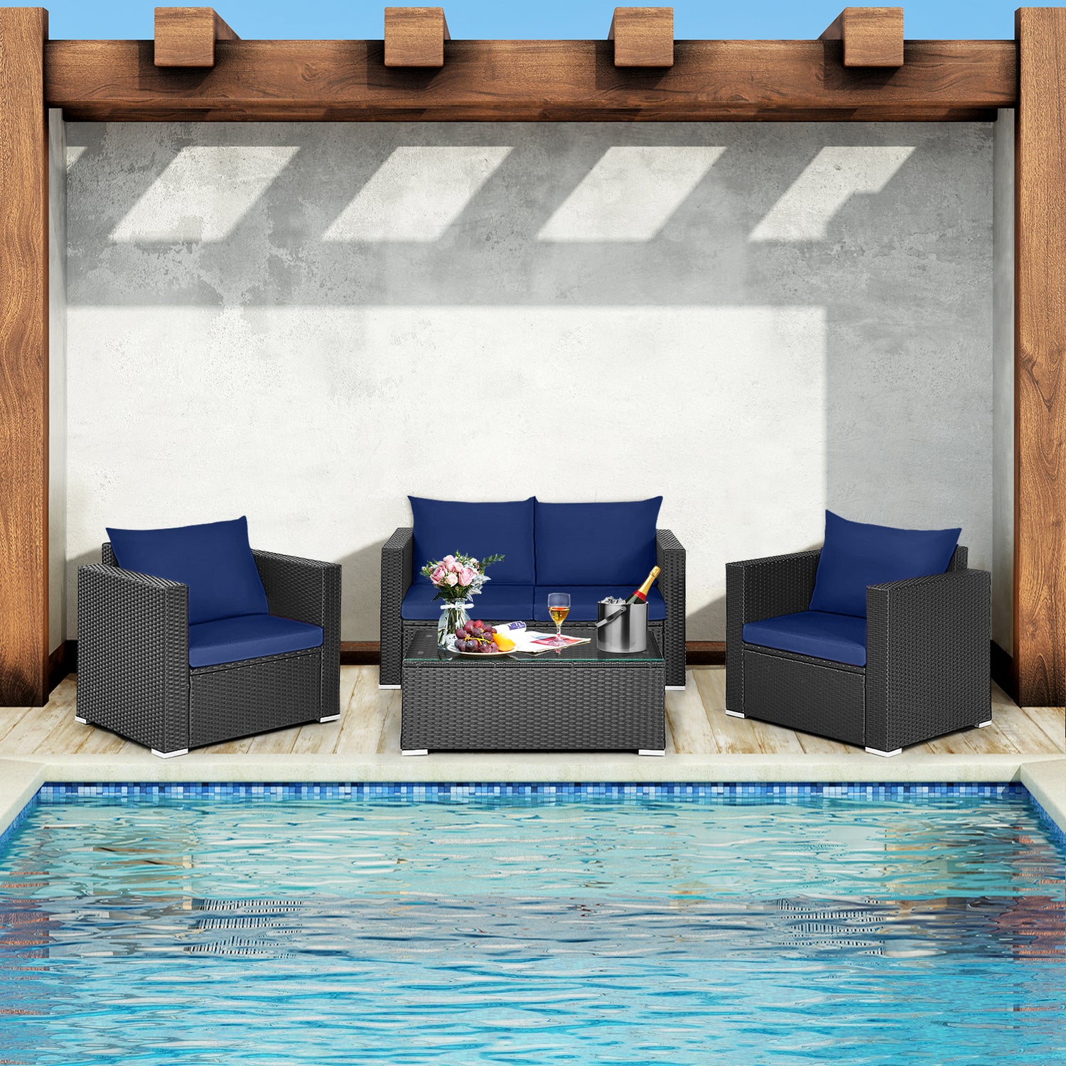 4 Pieces Patio Rattan Conversation Set with Cushions and Coffee Table
