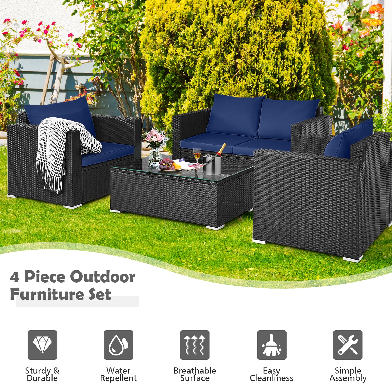 4 Pieces Patio Rattan Conversation Set with Cushions and Coffee Table