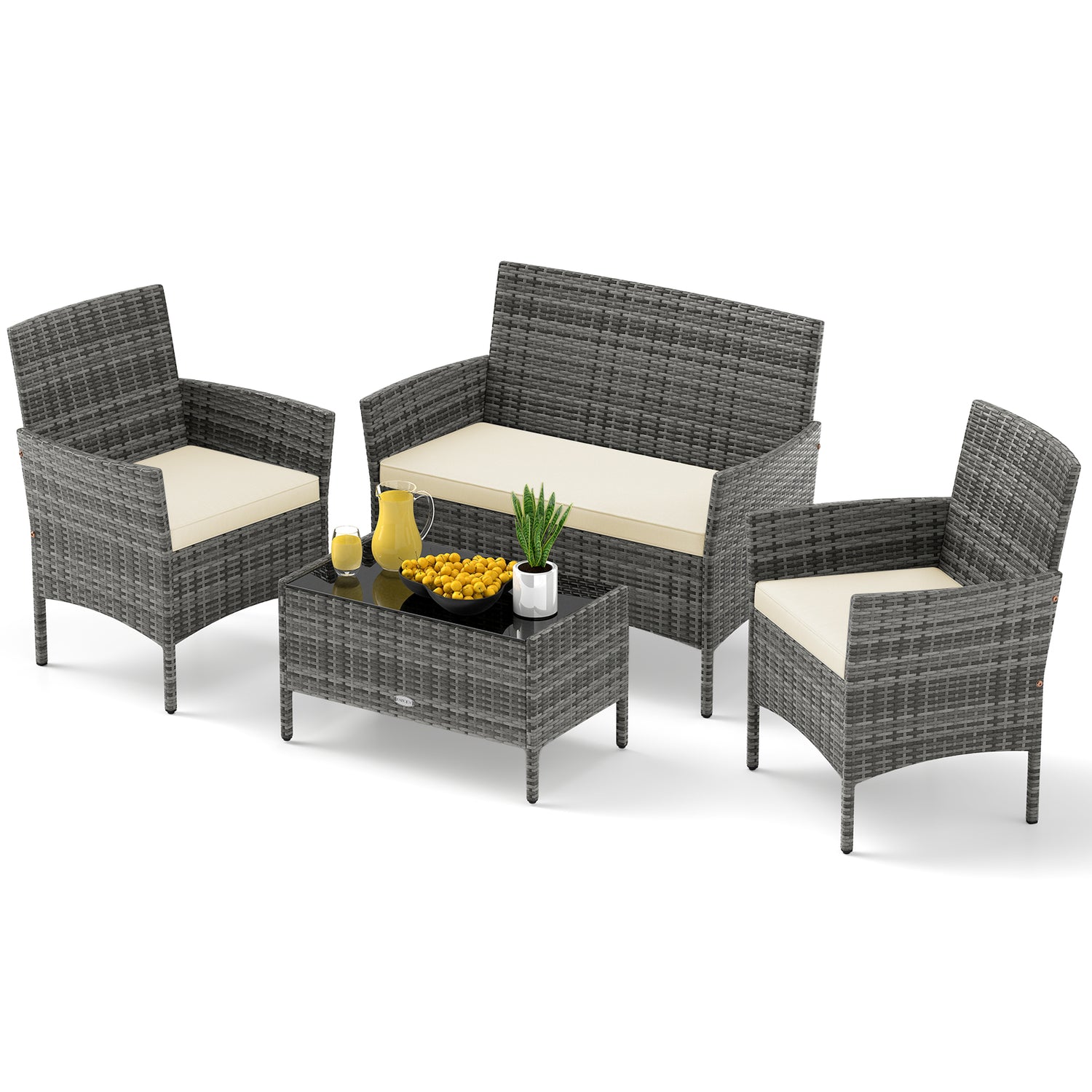 4 Pieces Patio Rattan Conversation Set with Tempered Glass Coffee Table