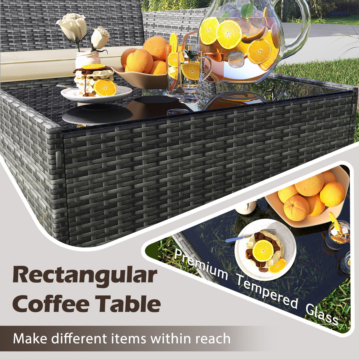 4 Pieces Patio Rattan Conversation Set with Tempered Glass Coffee Table