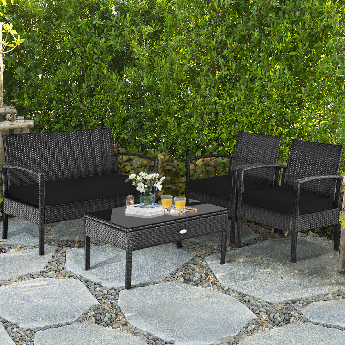4 Pieces Patio Rattan Cushioned Furniture Set with Loveseat and Table