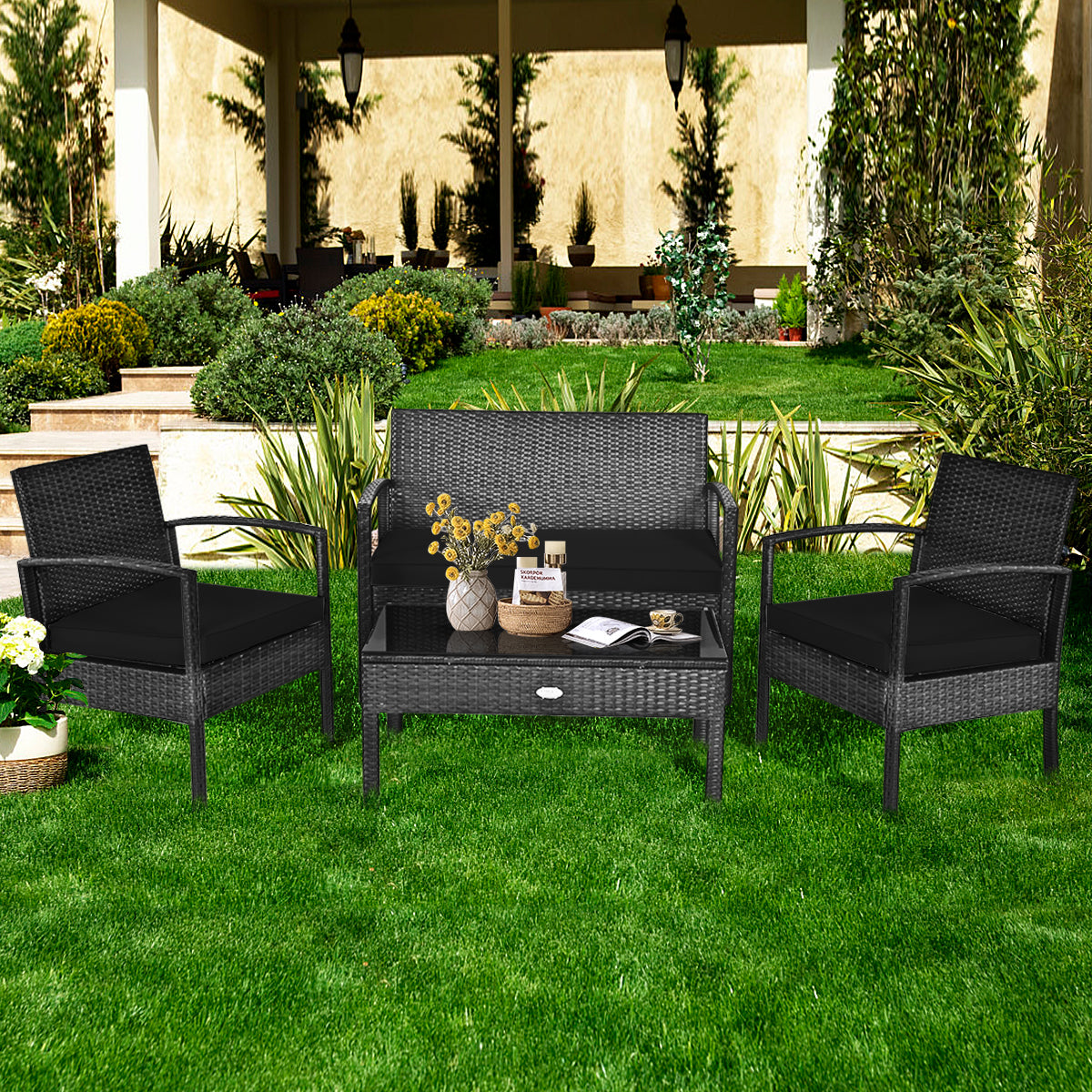 4 Pieces Patio Rattan Cushioned Furniture Set with Loveseat and Table