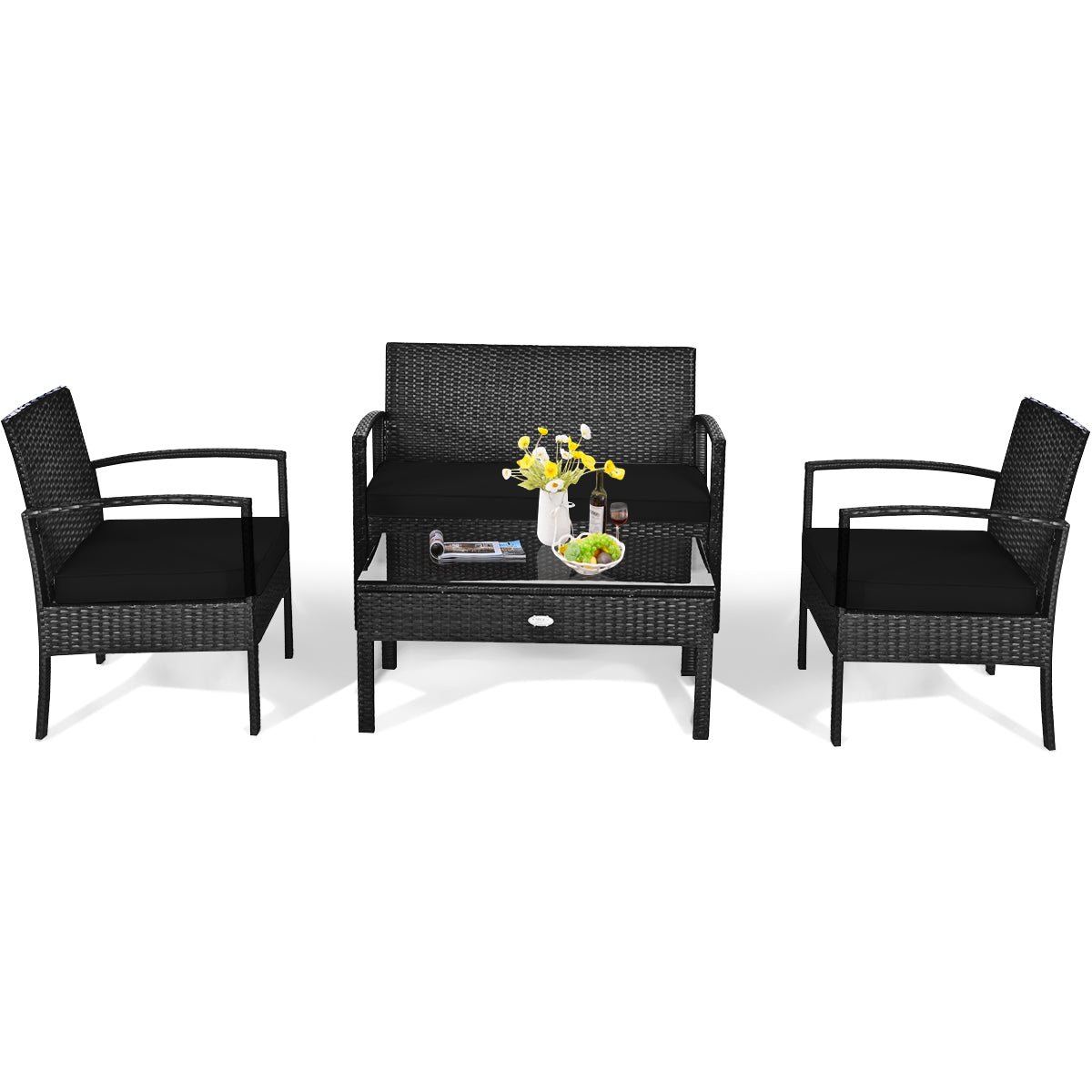 4 Pieces Patio Rattan Cushioned Furniture Set with Loveseat and Table