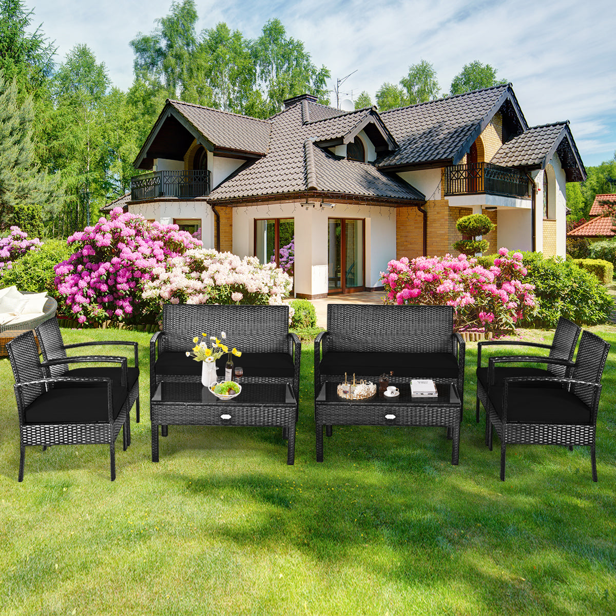 4 Pieces Patio Rattan Cushioned Furniture Set with Loveseat and Table
