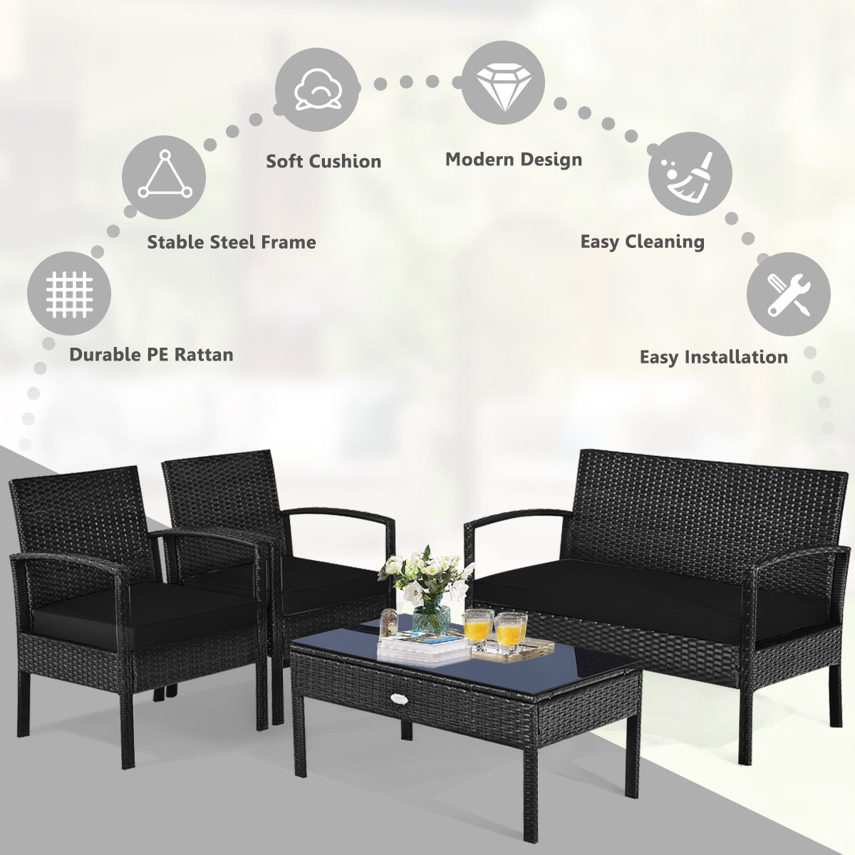 4 Pieces Patio Rattan Cushioned Furniture Set with Loveseat and Table