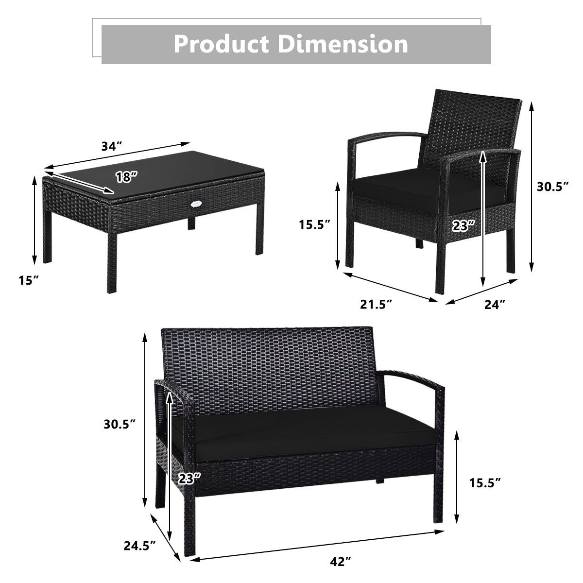 4 Pieces Patio Rattan Cushioned Furniture Set with Loveseat and Table