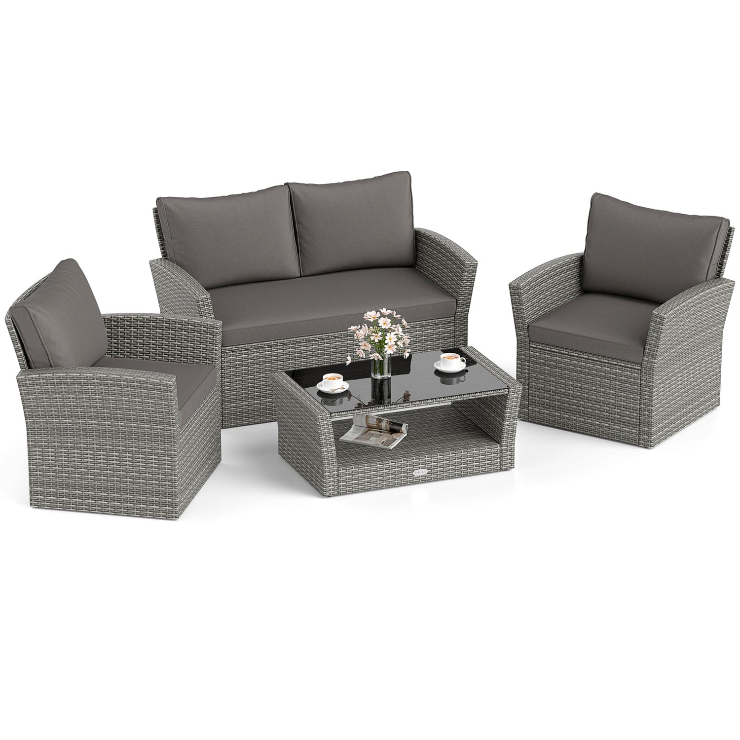 4 Pieces Patio Rattan Furniture Set Sofa Table with Storage Shelf Cushion