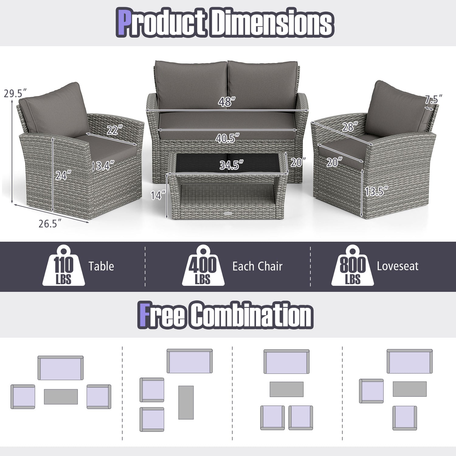 4 Pieces Patio Rattan Furniture Set Sofa Table with Storage Shelf Cushion