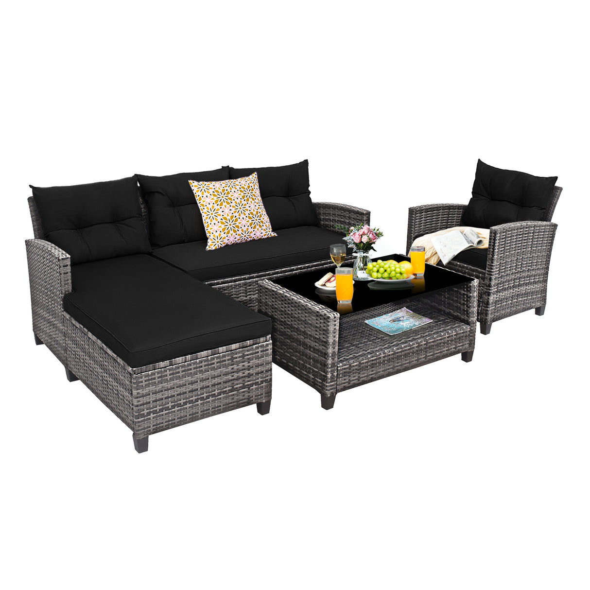 4 Pieces Patio Rattan Furniture Set with Cushion and Table Shelf