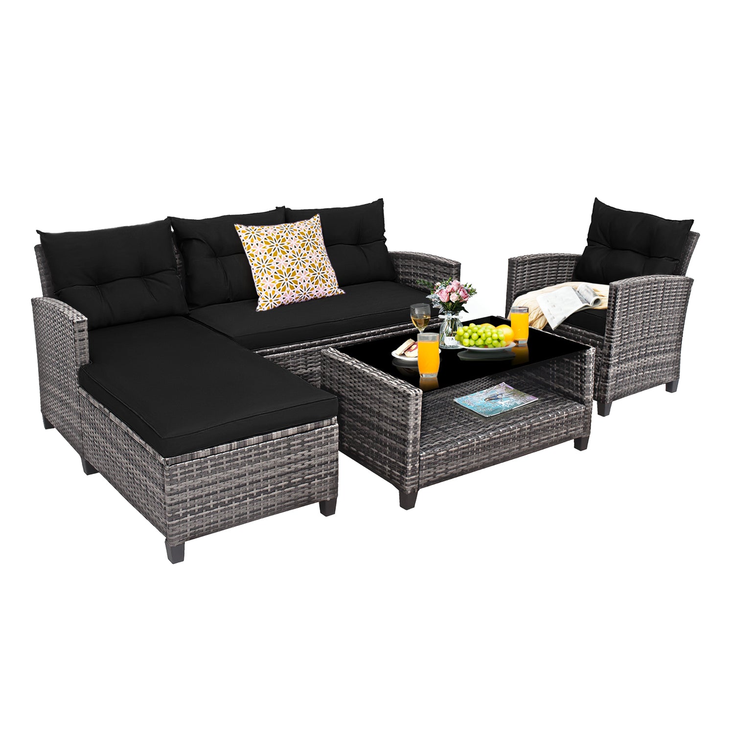 4 Pieces Patio Rattan Furniture Set with Cushion and Table Shelf
