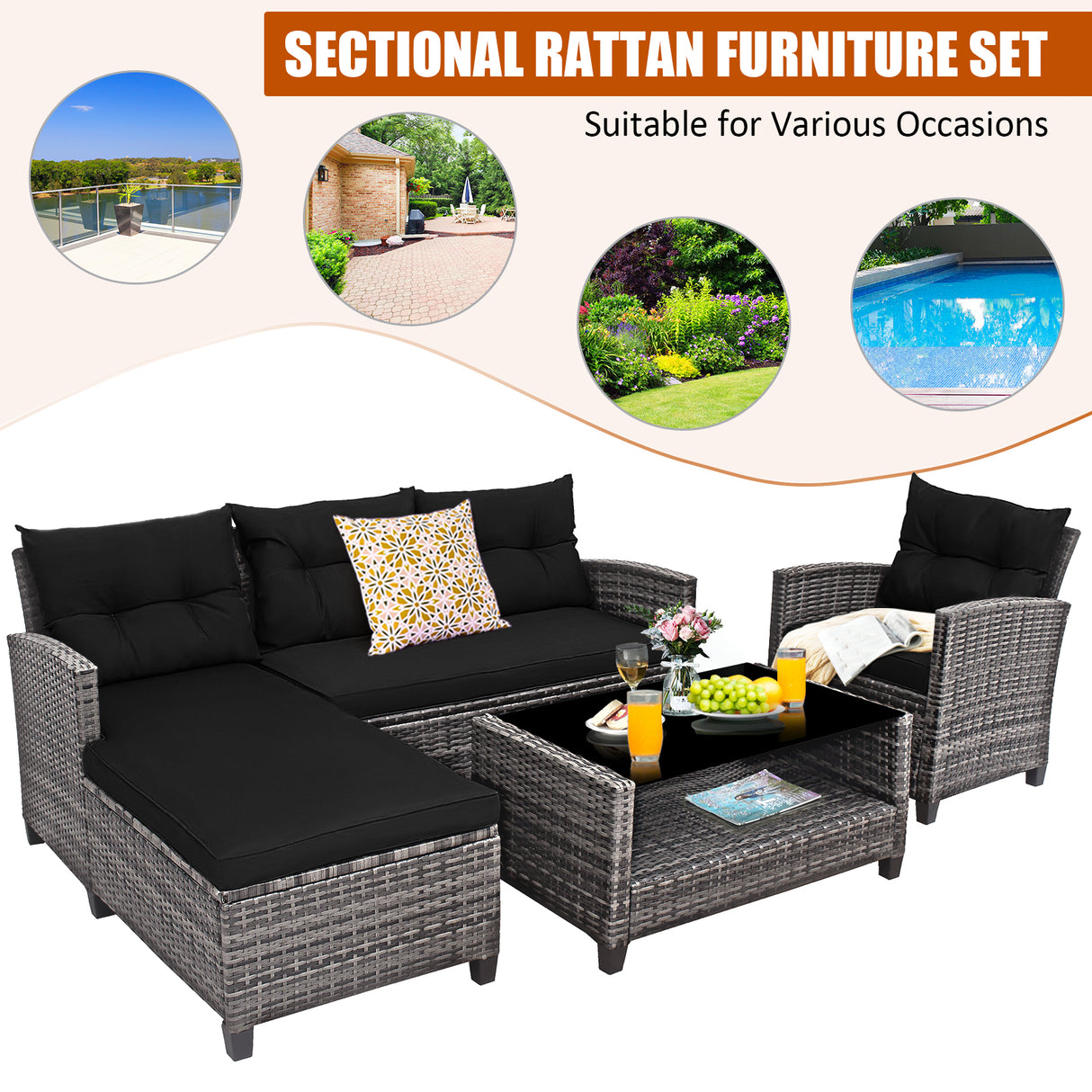 4 Pieces Patio Rattan Furniture Set with Cushion and Table Shelf