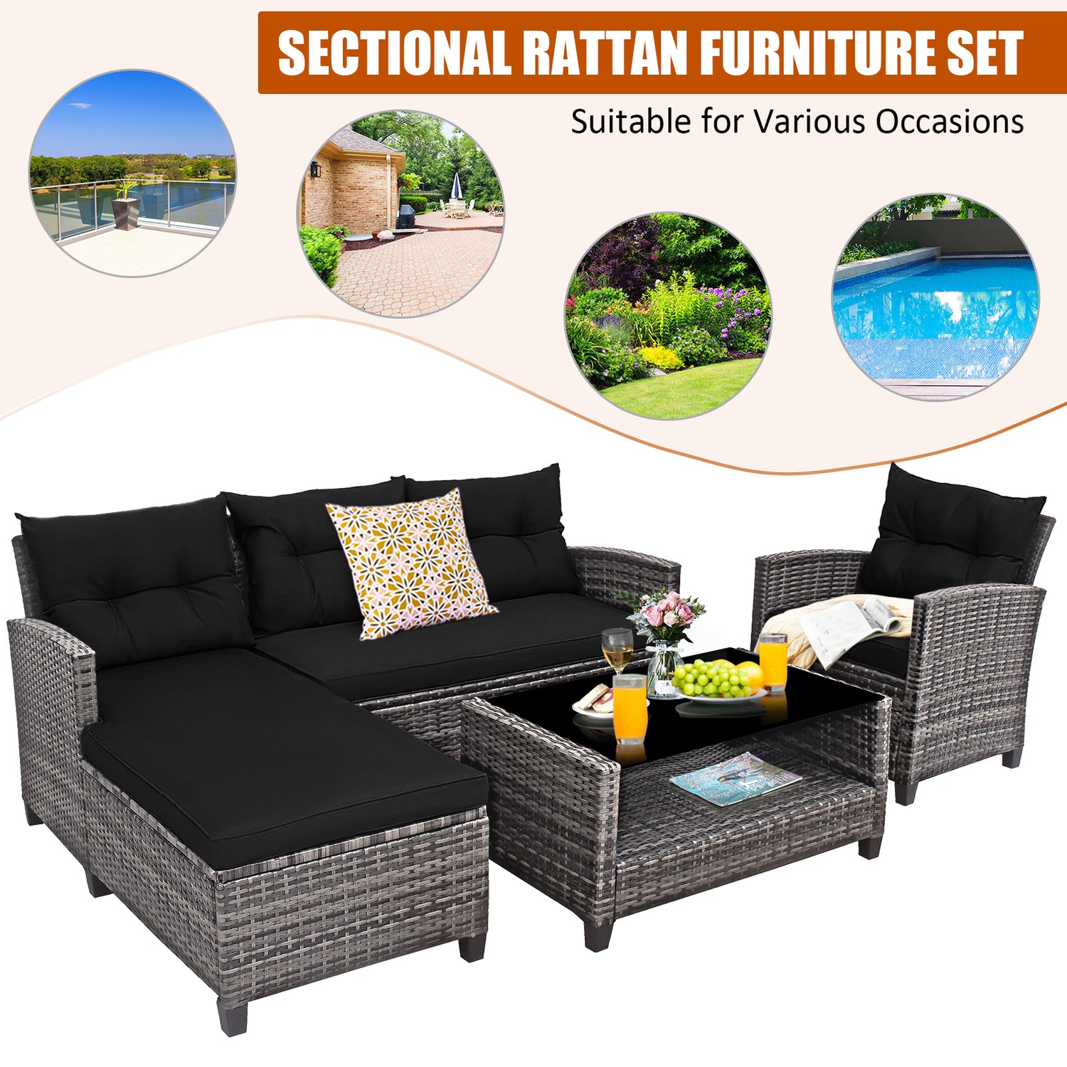 4 Pieces Patio Rattan Furniture Set with Cushion and Table Shelf