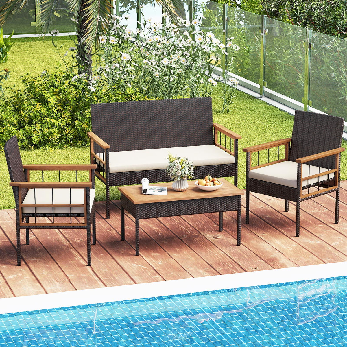 4 Pieces Wicker Furniture Set with Acacia Wood Tabletop and Armrests for Porch-White