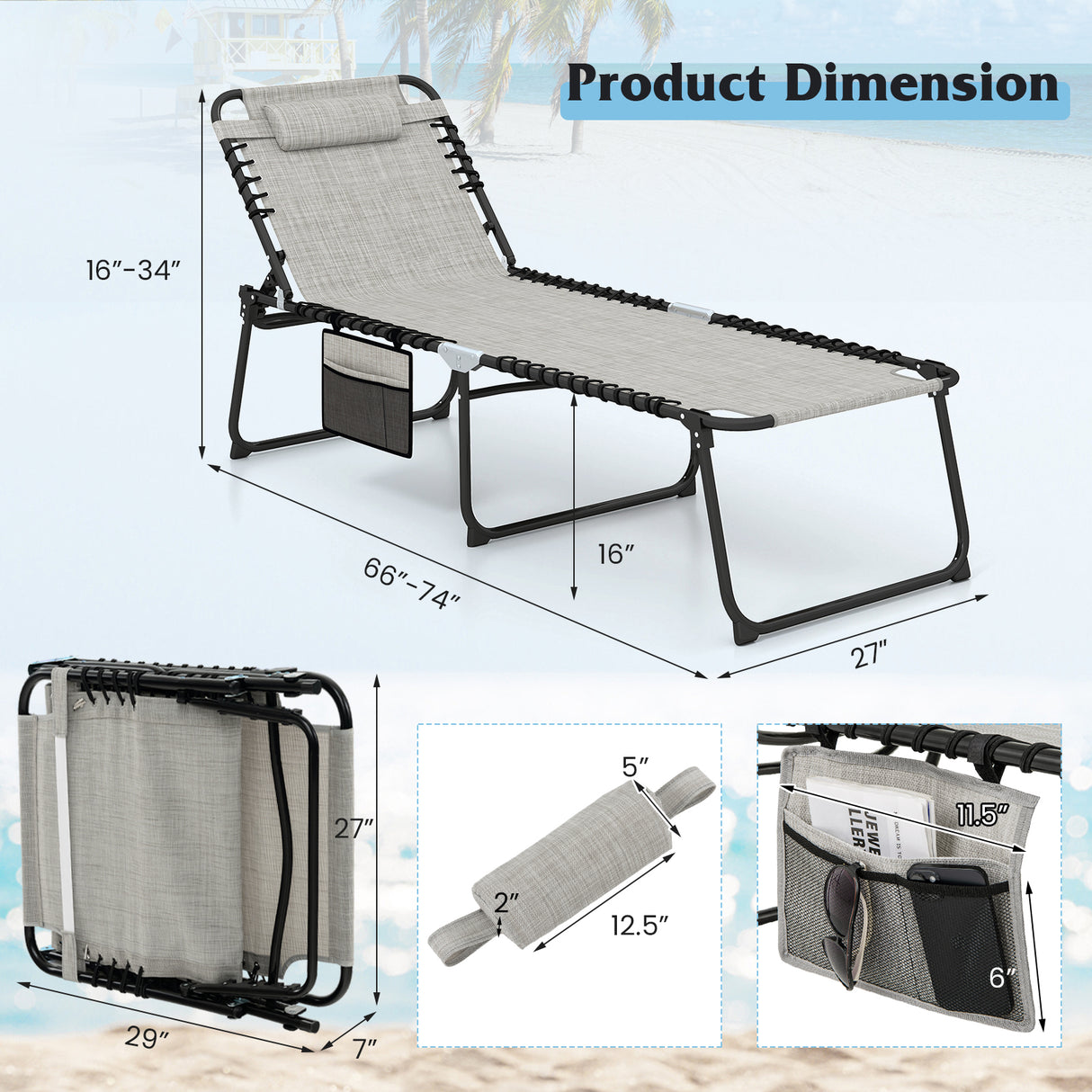 4 Position Folding Lounge Chaise with Adjustable Backrest and Footrest