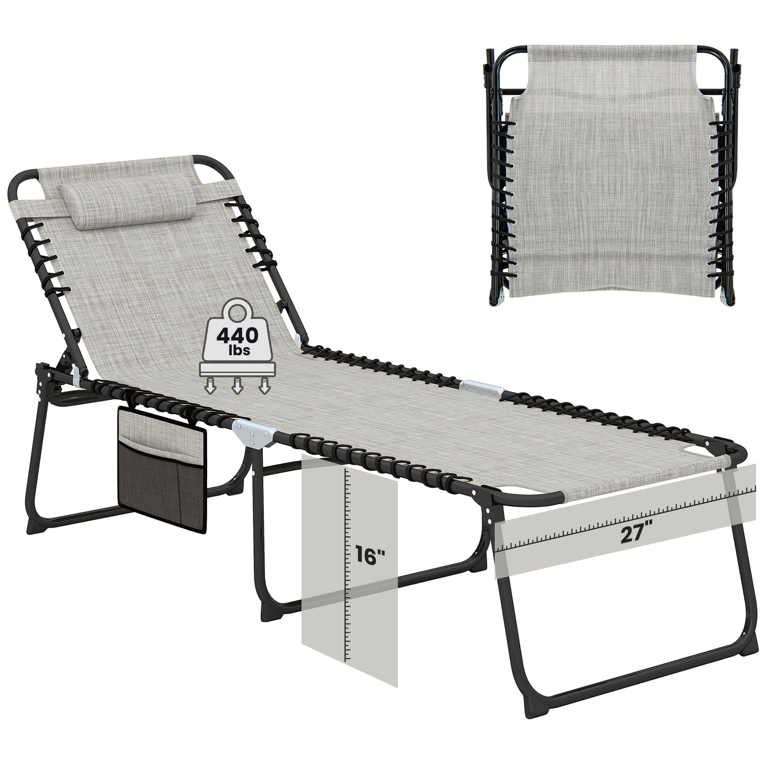 4 Position Folding Lounge Chaise with Adjustable Backrest and Footrest