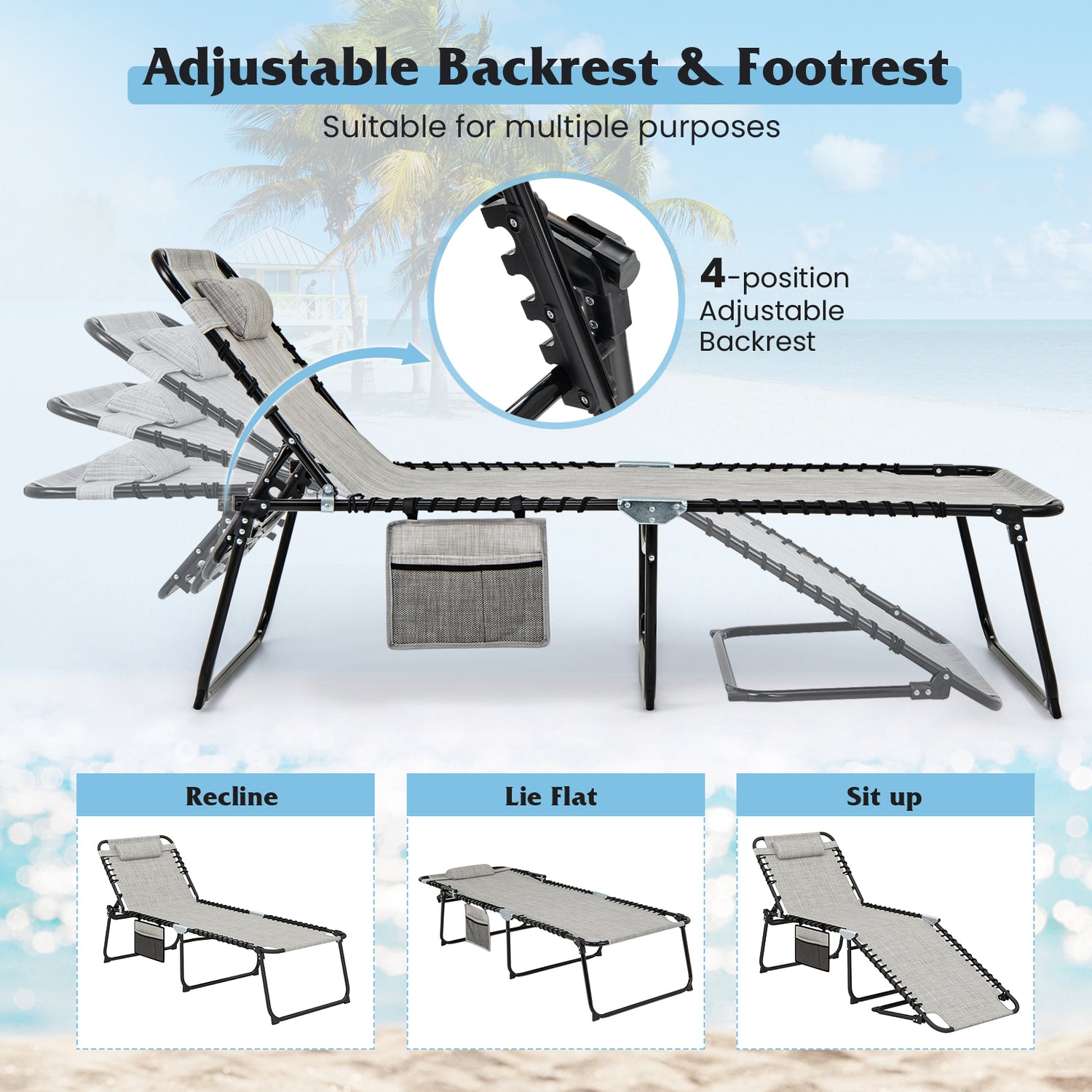 4 Position Folding Lounge Chaise with Adjustable Backrest and Footrest
