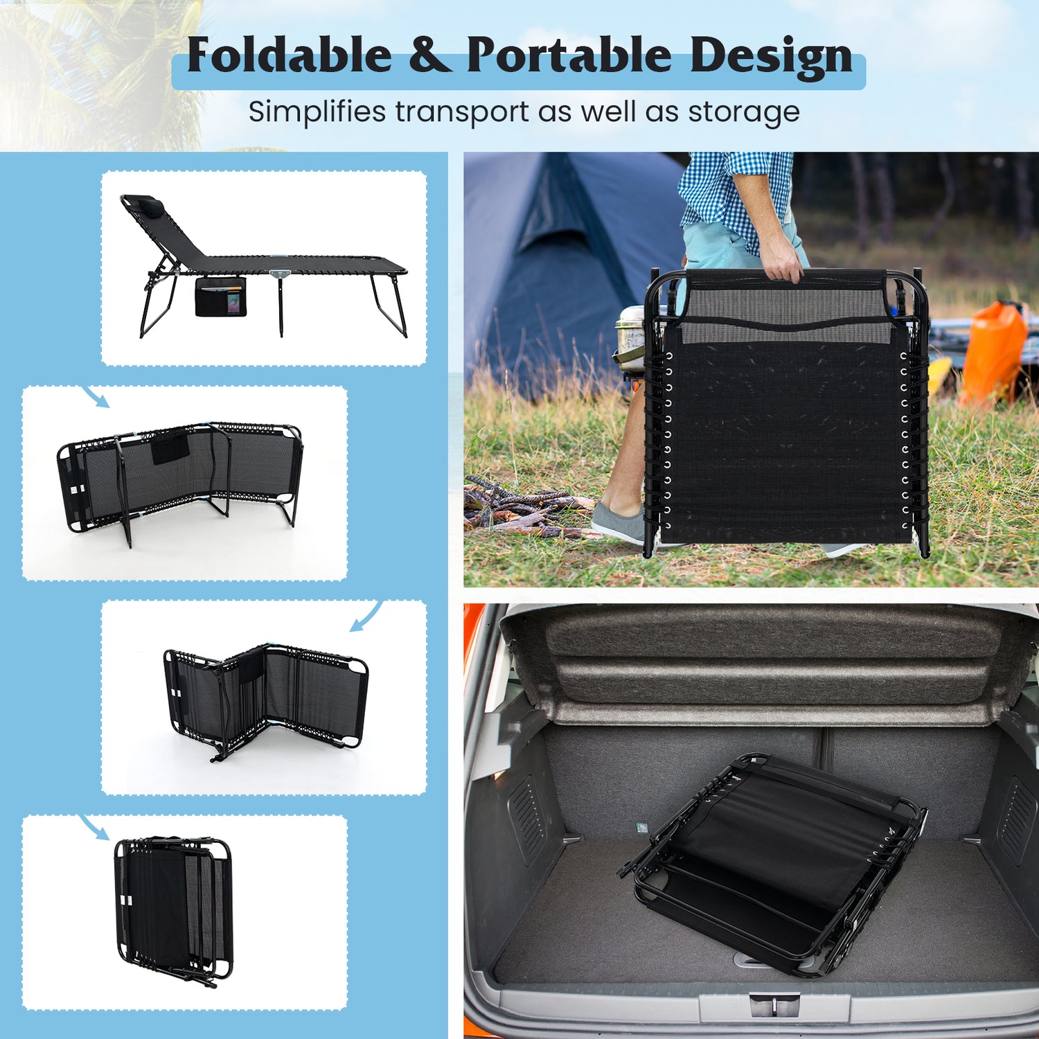 4 Position Folding Lounge Chaise with Adjustable Backrest and Footrest