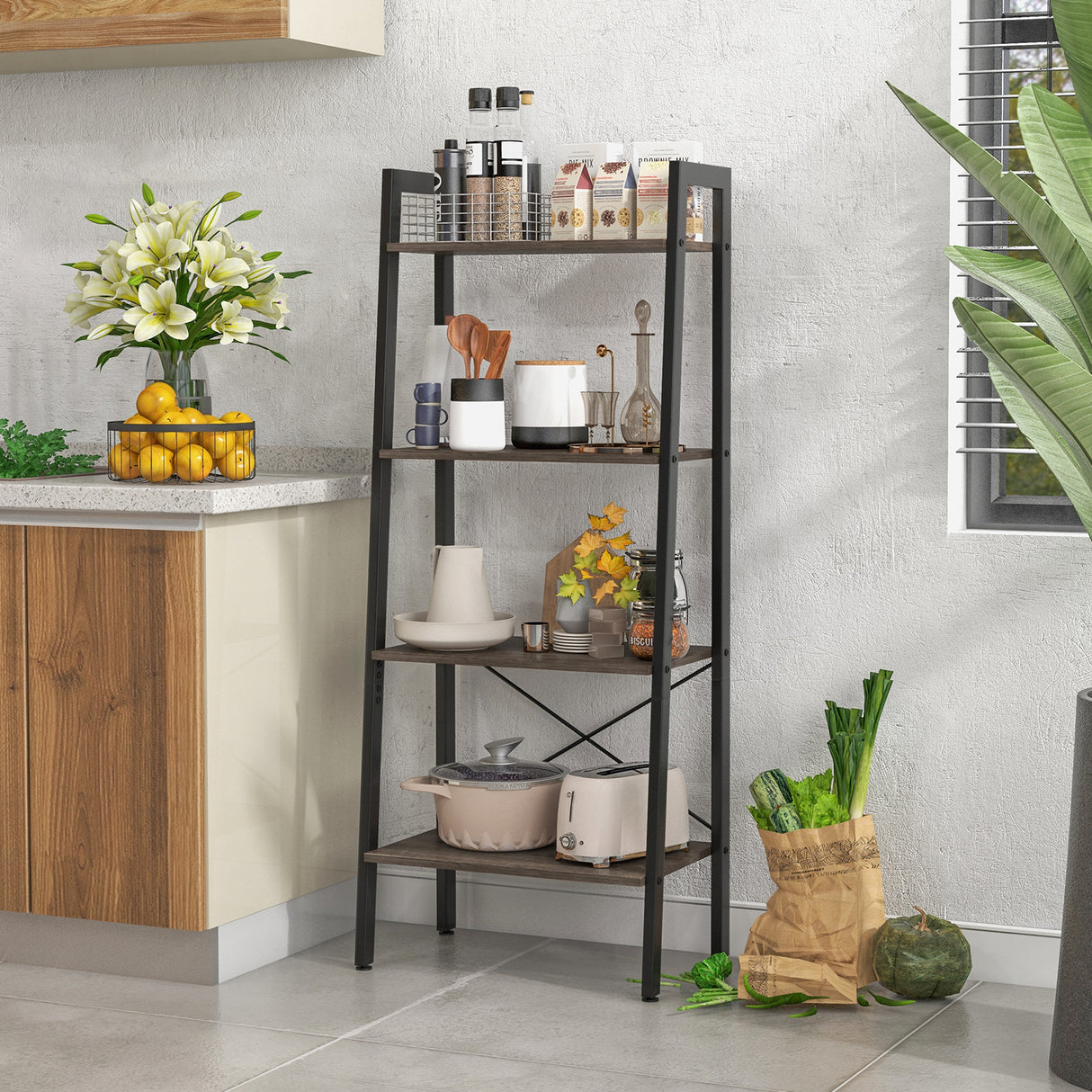 4-Tier Bookshelf with Metal Frame and Adjustable Foot Pads
