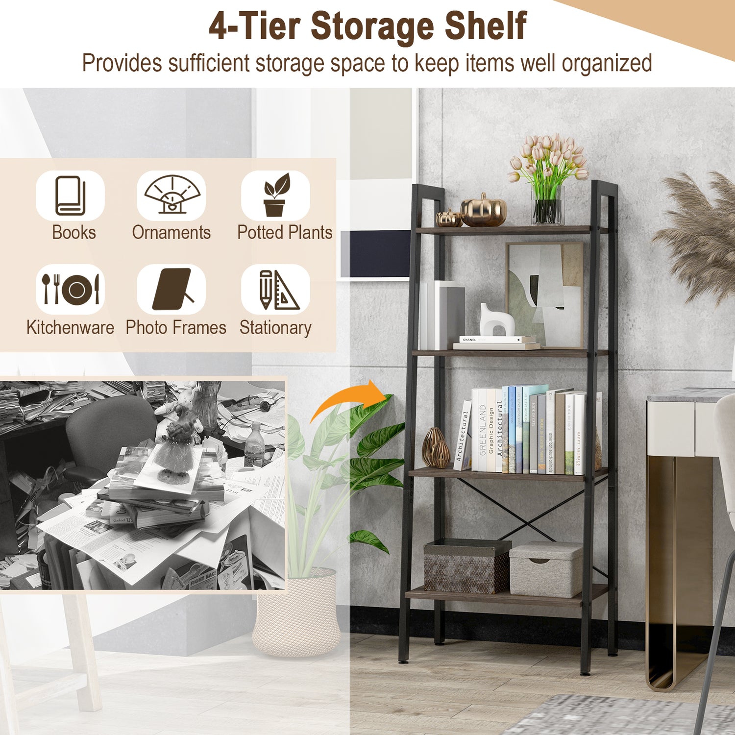 4-Tier Bookshelf with Metal Frame and Adjustable Foot Pads