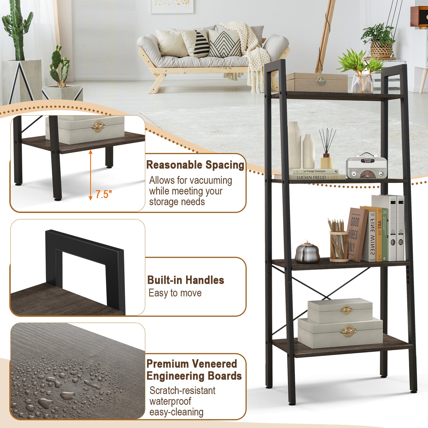 4-Tier Bookshelf with Metal Frame and Adjustable Foot Pads