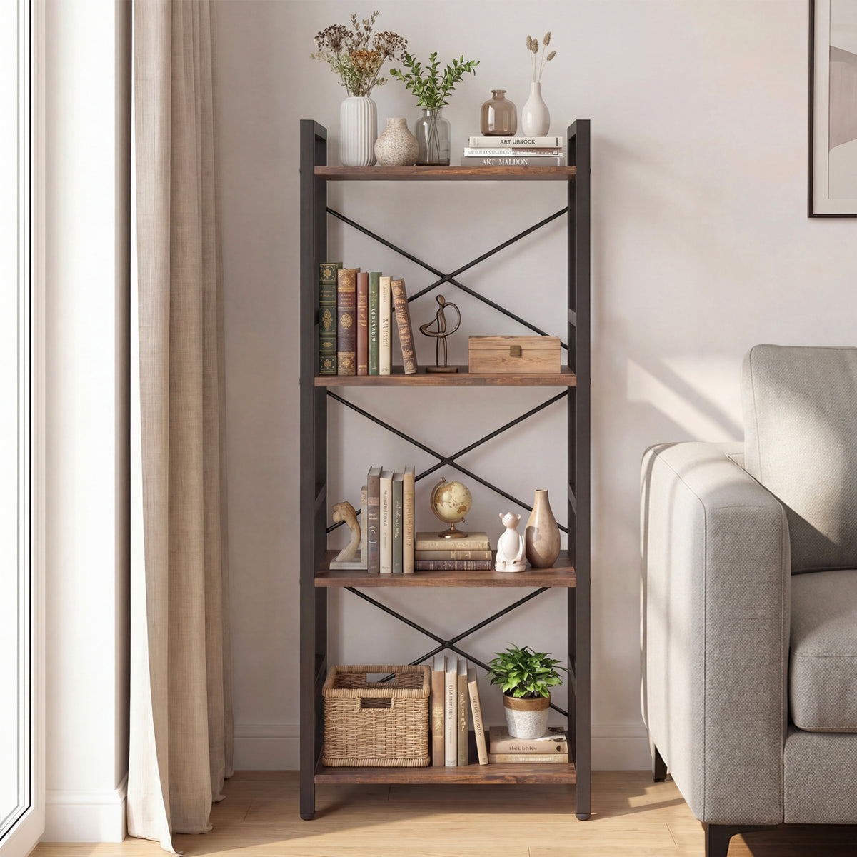 4-Tier Bookshelf Narrow Freestanding Display Shelf with Metal Frame