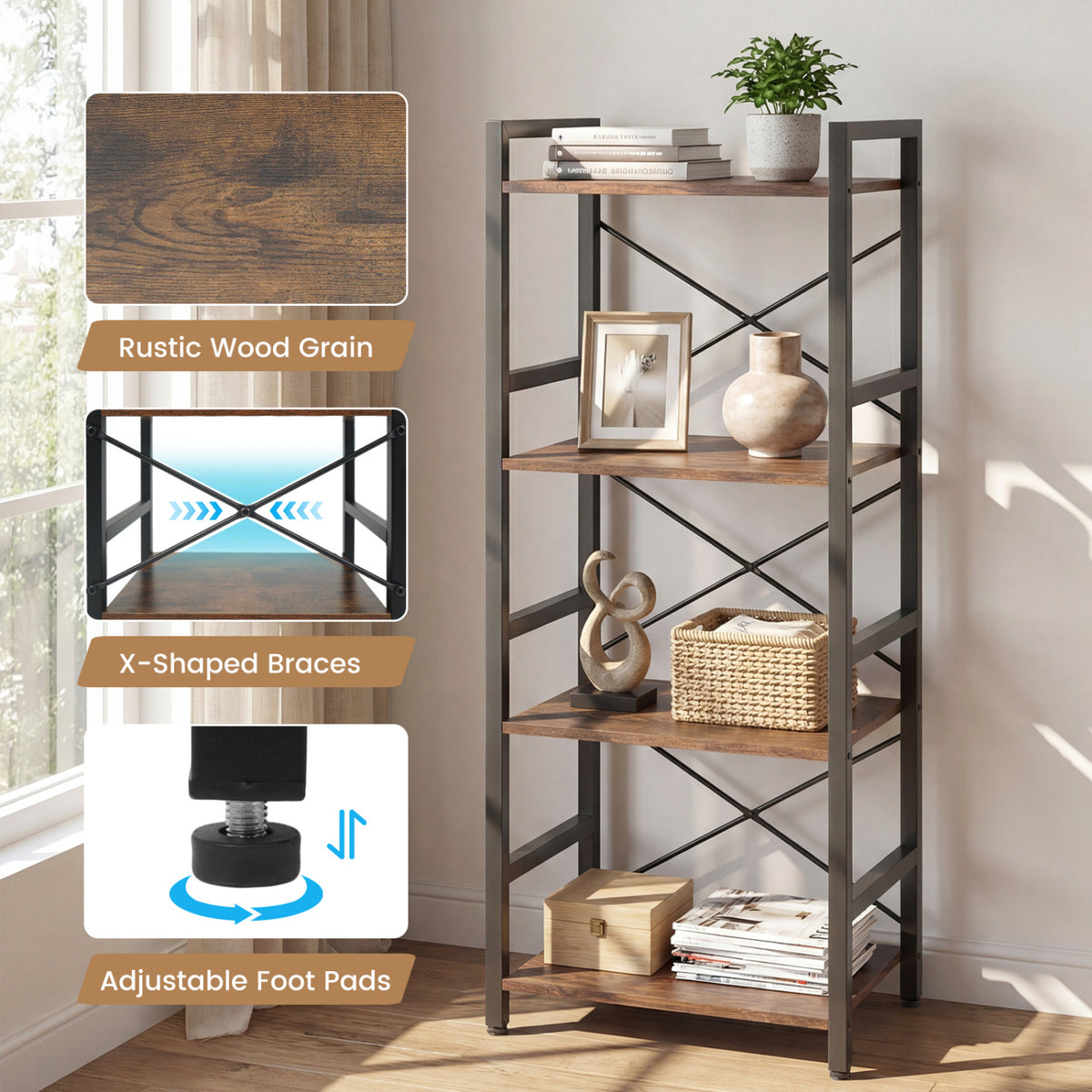 4-Tier Bookshelf Narrow Freestanding Display Shelf with Metal Frame