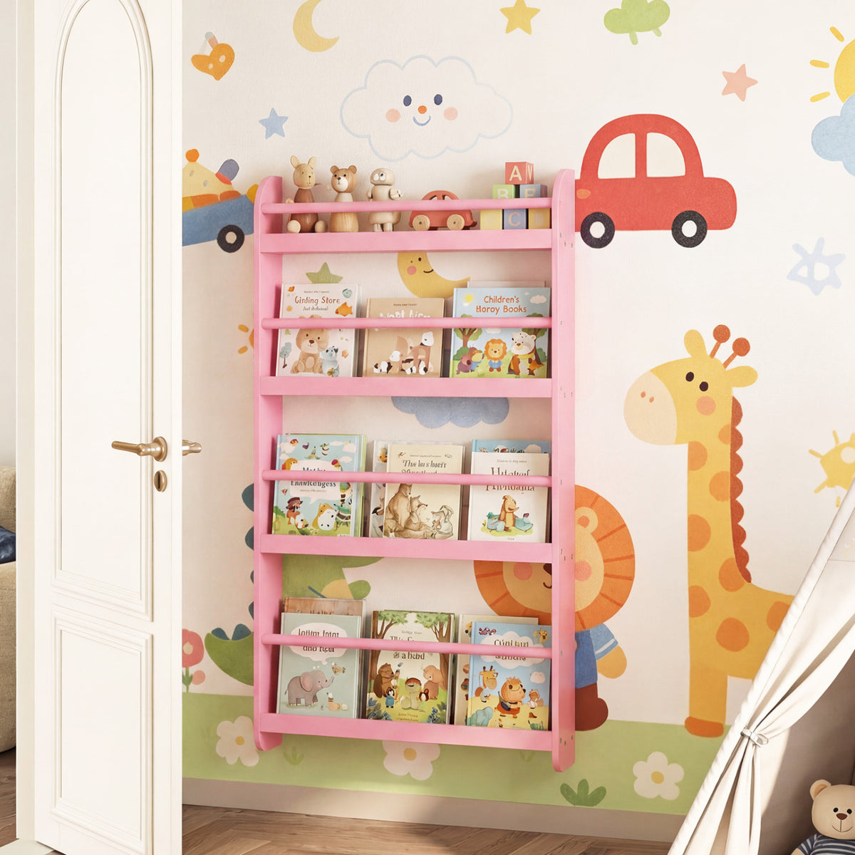 4-Tier Bookshelf Organizer for Toys and Books with Basswood Crossbar