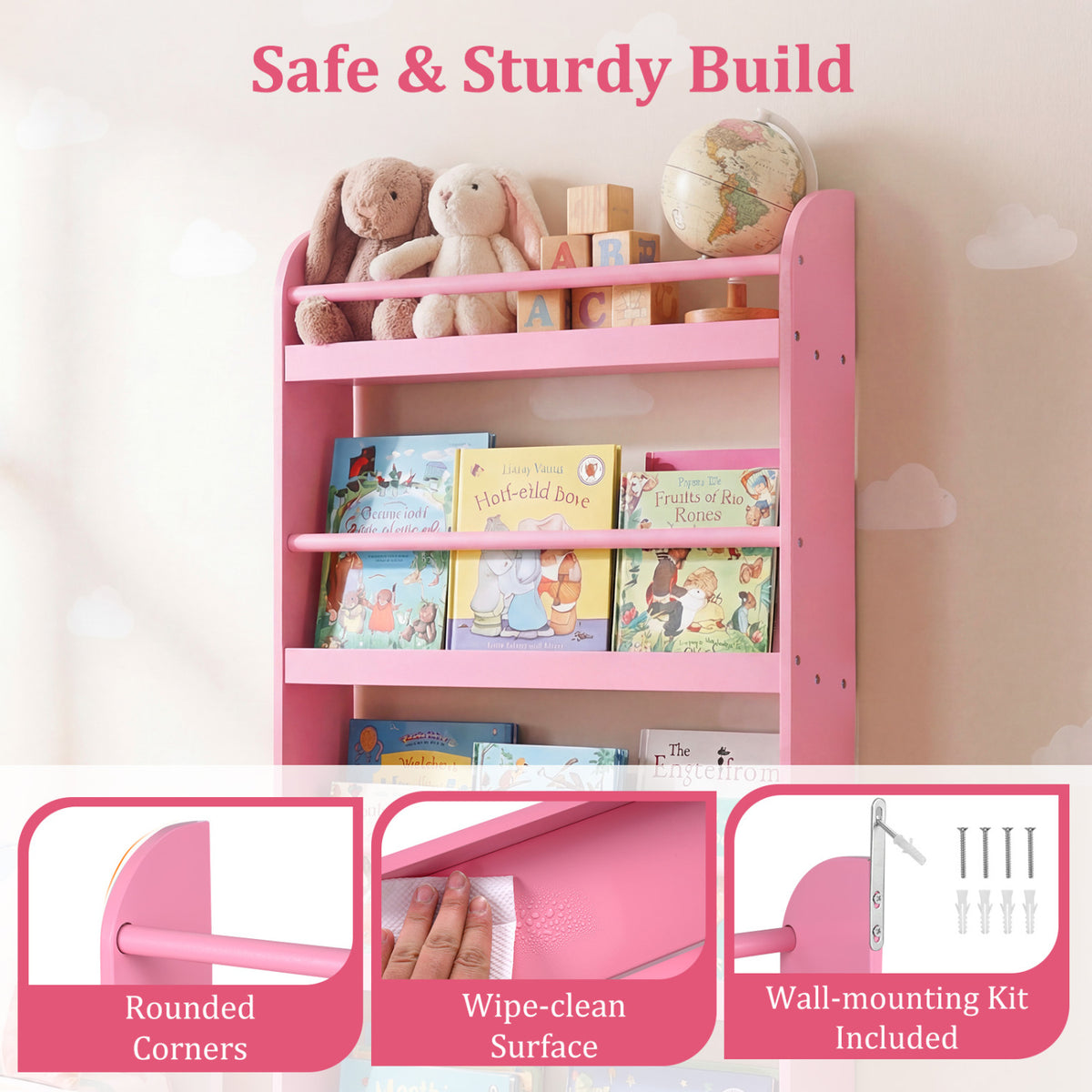 4-Tier Bookshelf Organizer for Toys and Books with Basswood Crossbar