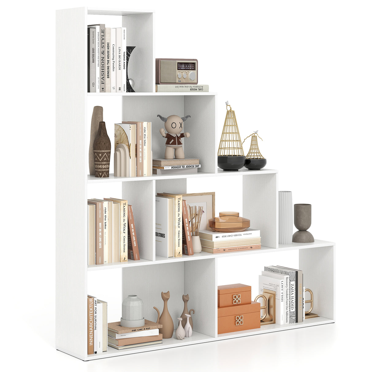 4-Tier Bookshelf Stair Bookcase with 6 Cubes Display Rack