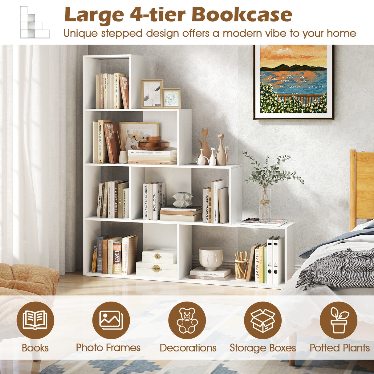 4-Tier Bookshelf Stair Bookcase with 6 Cubes Display Rack