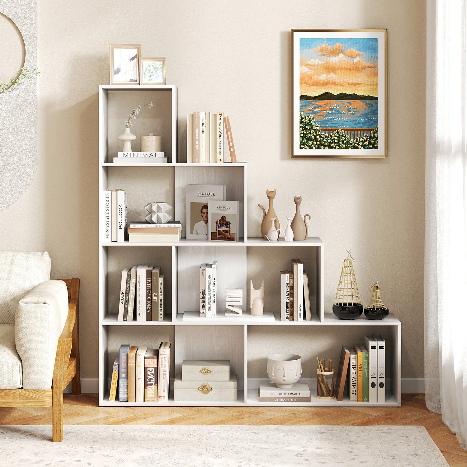 4-Tier Bookshelf Stair Bookcase with 6 Cubes Display Rack