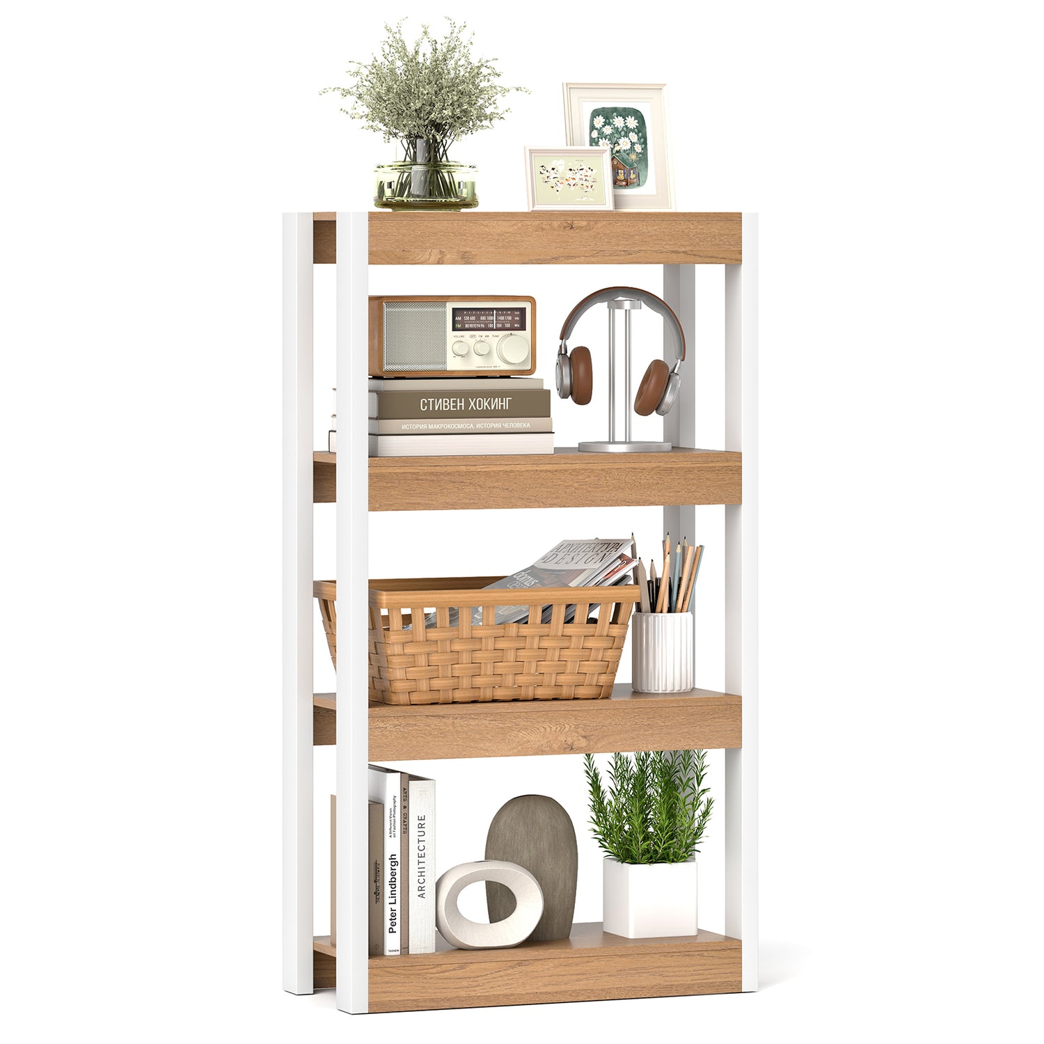 4 Tier Bookshelf Wooden Bookcase with Dual Anti-Tipping Kits