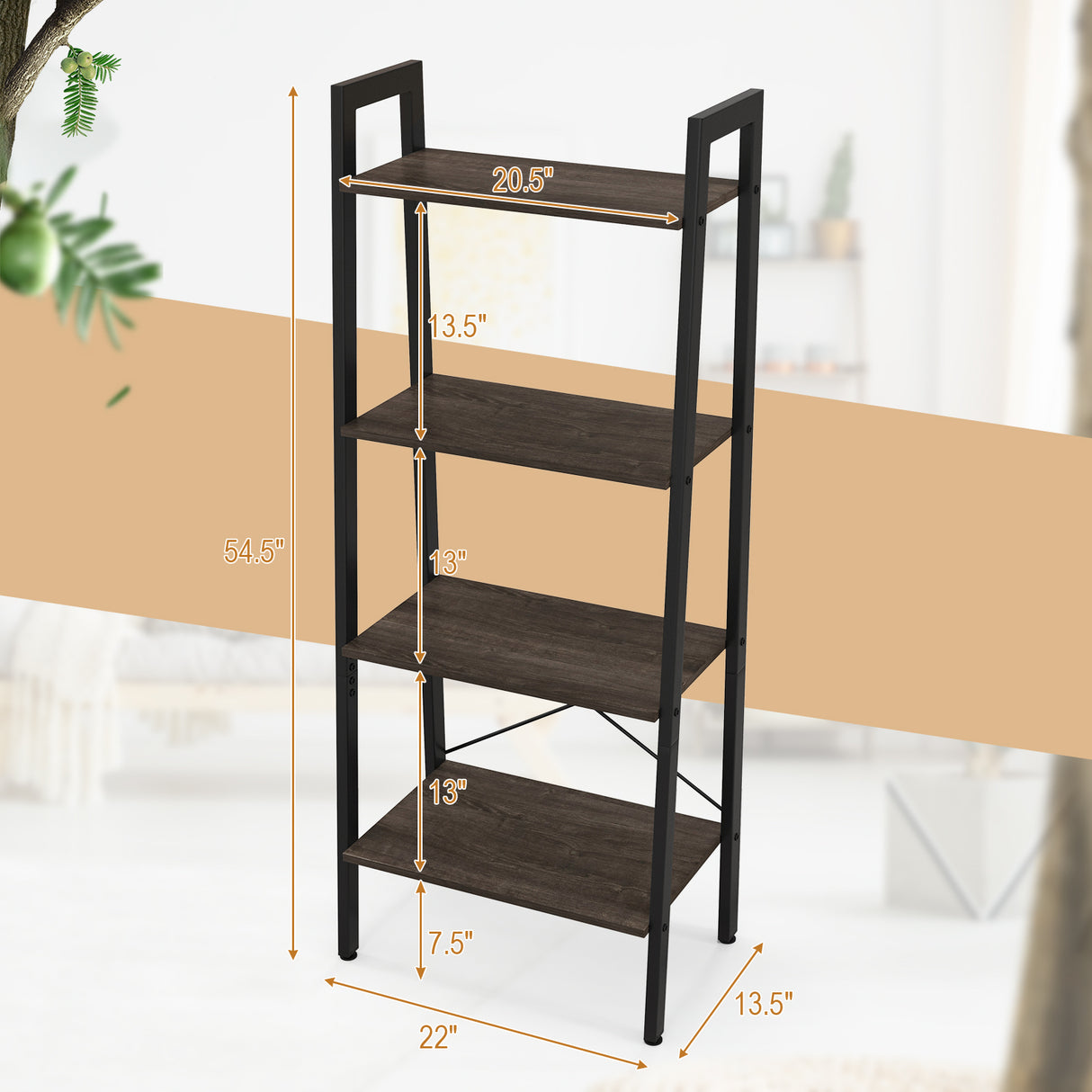 4-Tier Bookshelf with Metal Frame and Adjustable Foot Pads